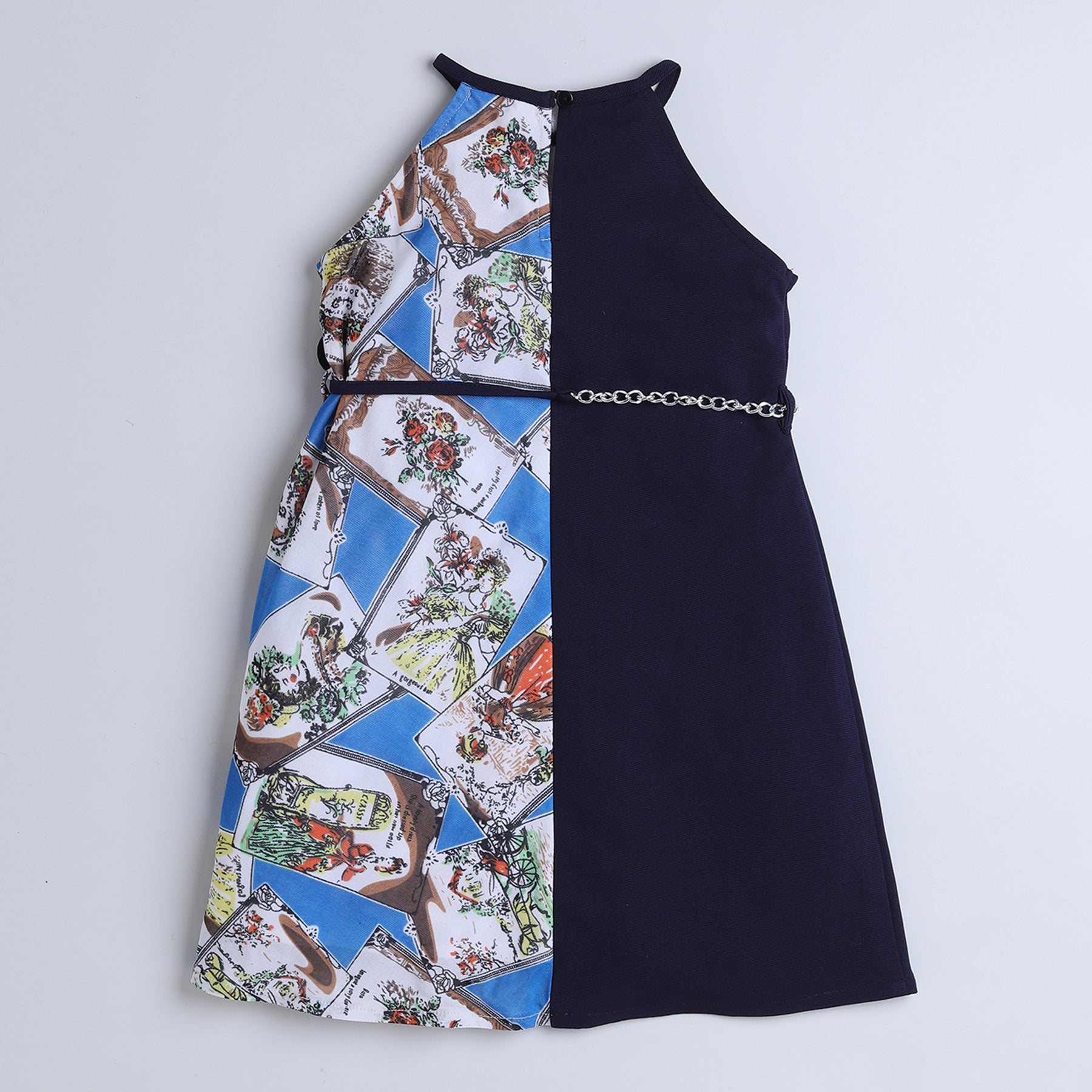 Shop Sleeveless Halter Neck Half Cards Printed And Half Solid Aline Dress With Chain Tie-Up Belt Set-Navy/Multi Online
