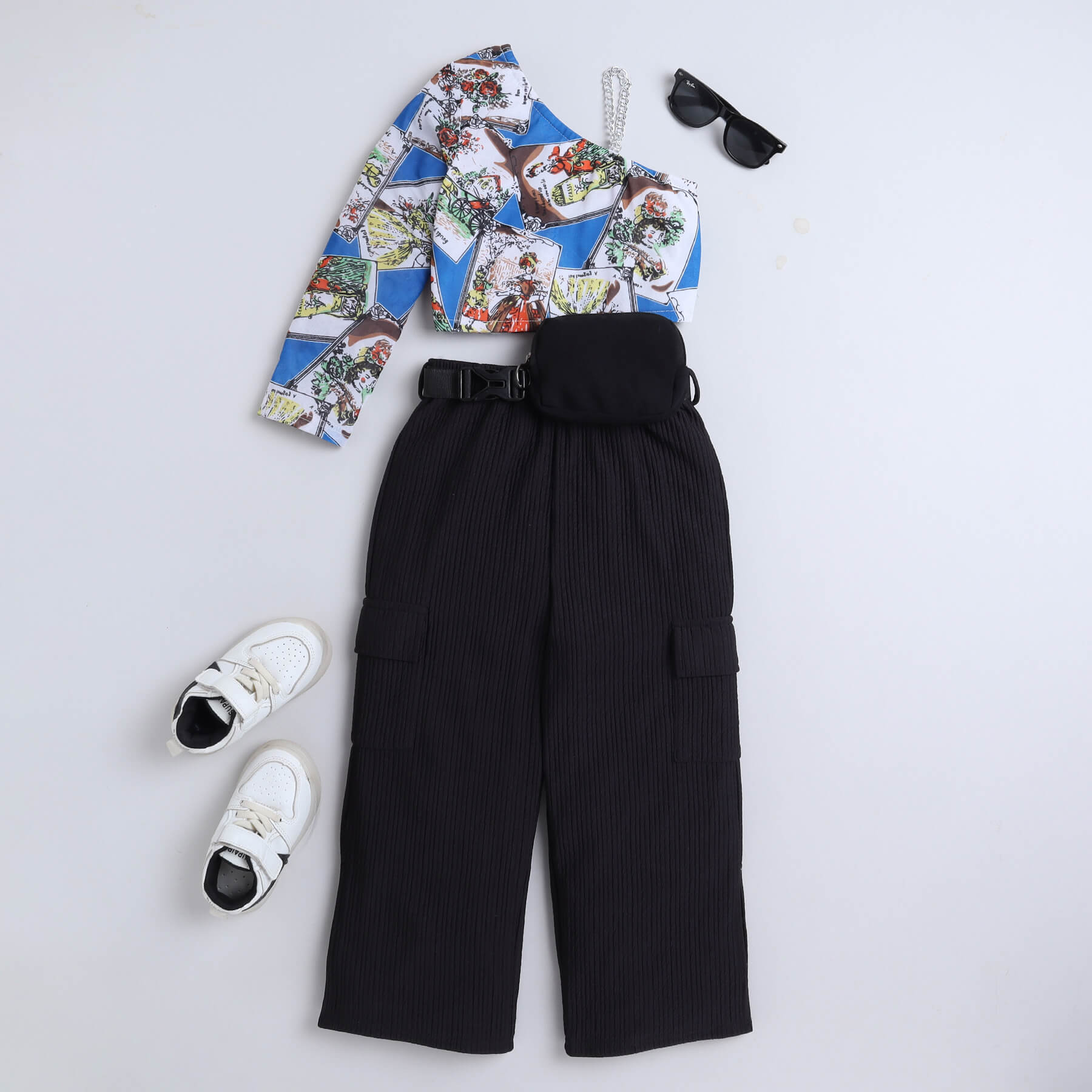 Shop Cards Printed Full Sleeves One Shoulder Crop Top And Slit Detail Cargo Pant Set With Waist Bag-Multi Online