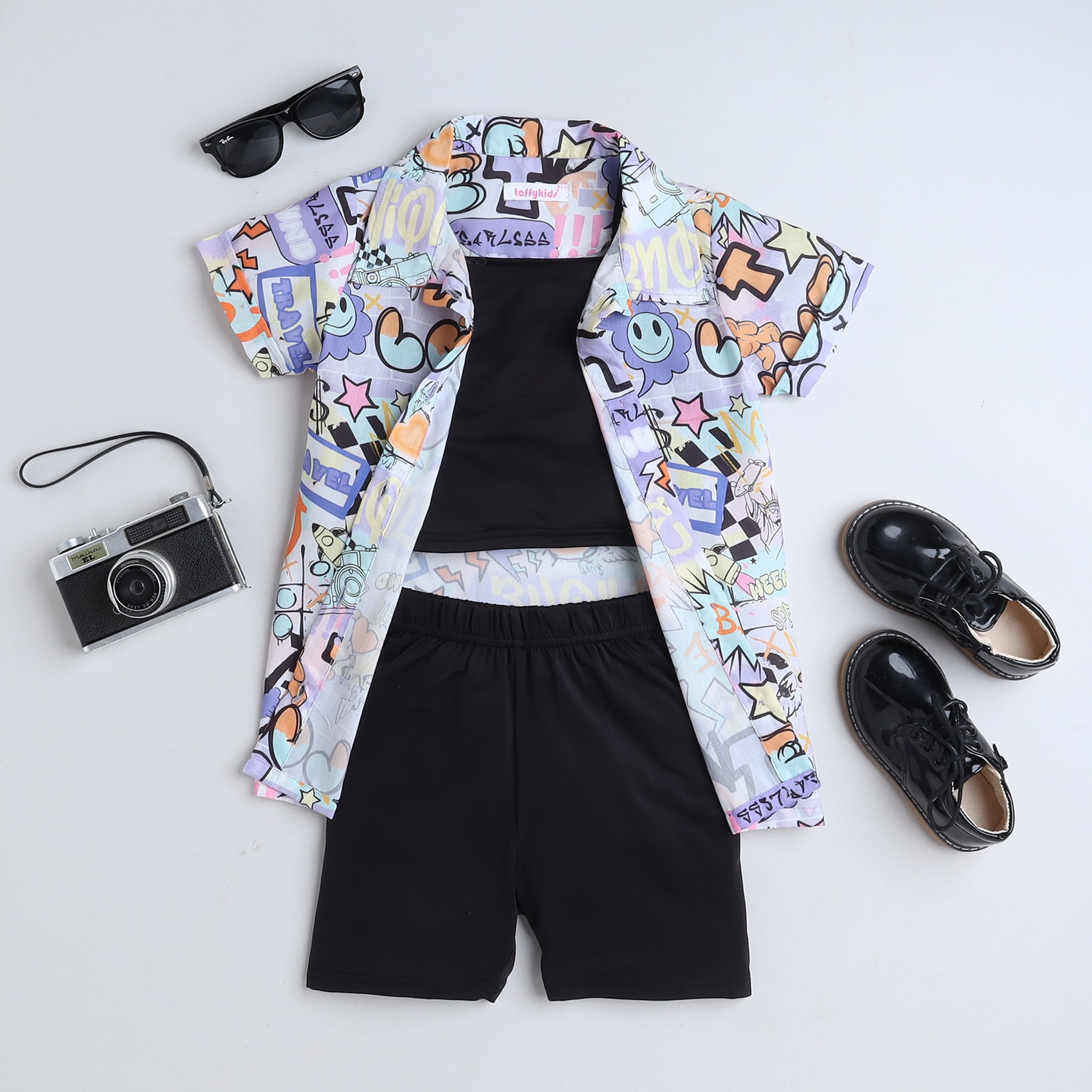 Shop Graffiti Theme Printed Half Sleeves Button Up Long Shirt With Solid Cycling Shorts And Singlet Crop Top Set -Black/Multi Online
