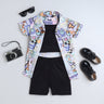 Shop Graffiti Theme Printed Half Sleeves Button Up Long Shirt With Solid Cycling Shorts And Singlet Crop Top Set -Black/Multi Online