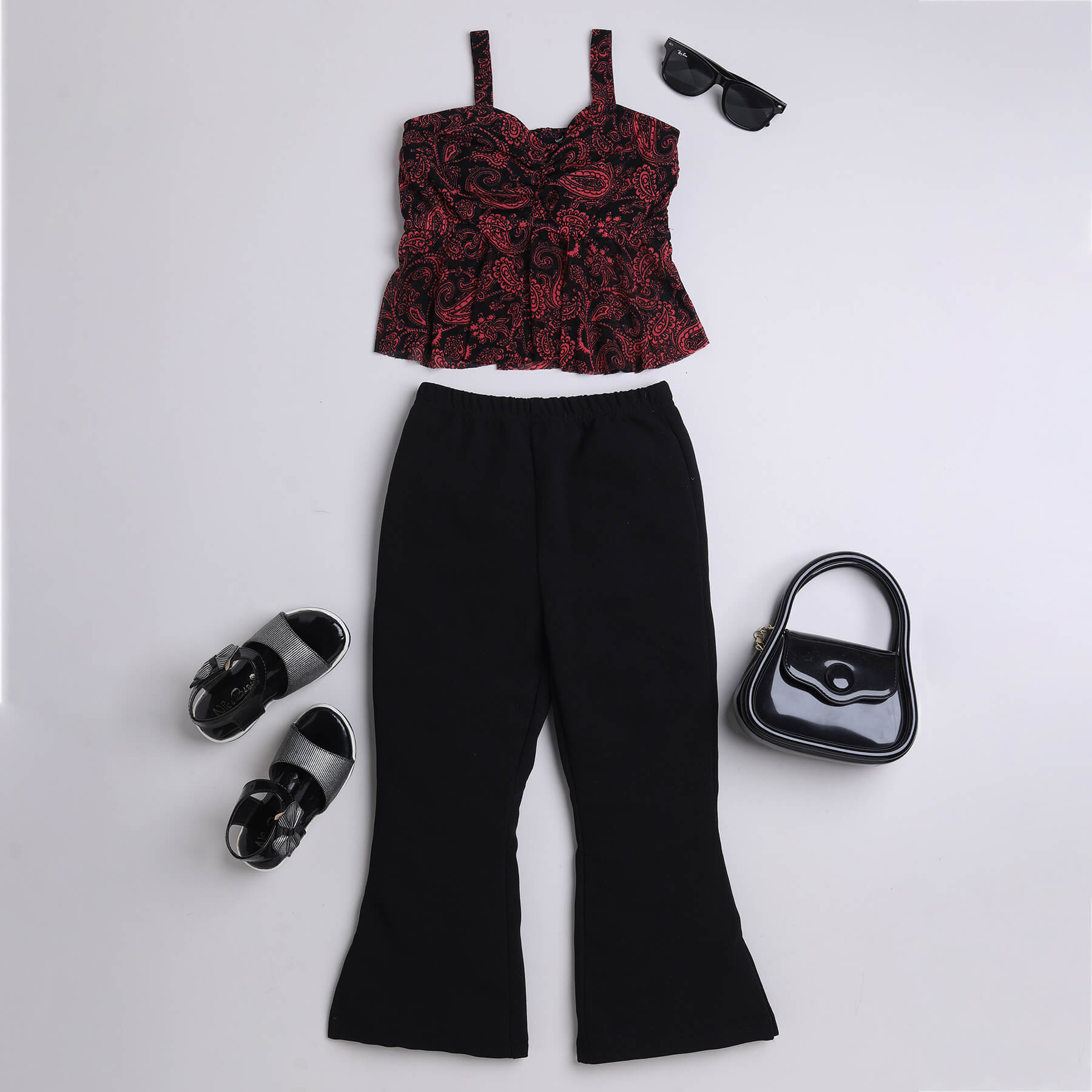 Shop Paisley Printed Front Ruched Singlet Peplum Crop Top And Slit Detail Solid Bell Bottom Pant Set-Red/Black Online