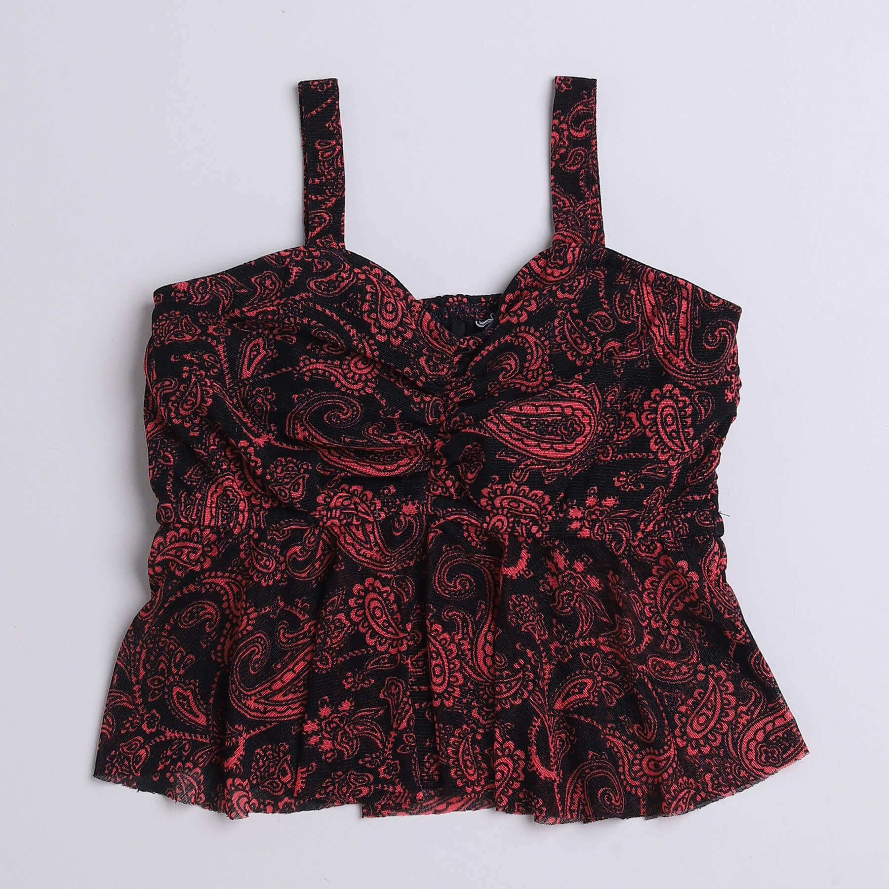 Shop Paisley Printed Front Ruched Singlet Peplum Crop Top And Slit Detail Solid Bell Bottom Pant Set-Red/Black Online
