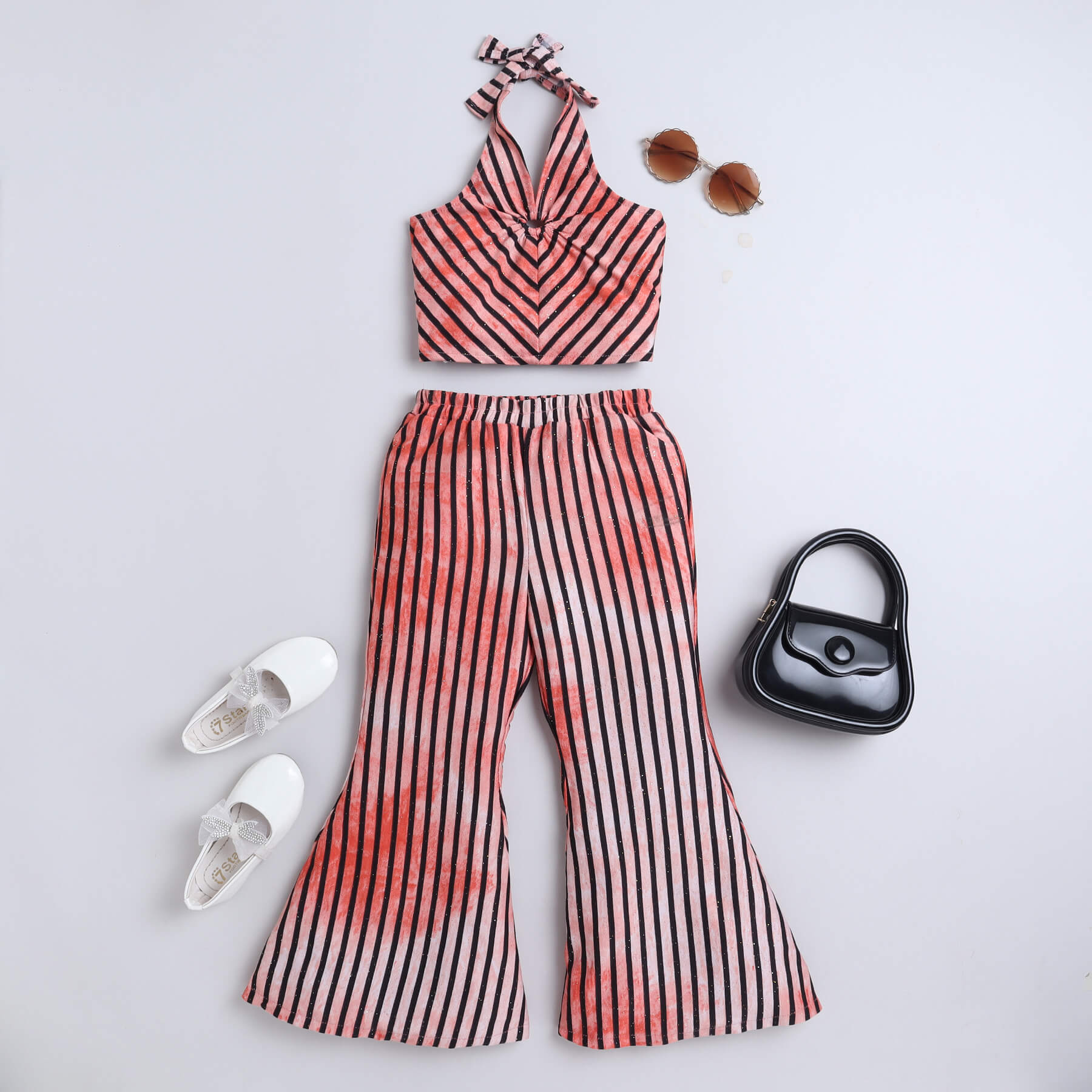 Shop Stripes Printed Halter Tie-Up Cutout Crop Top With Matching Bell Bottom Pant Set-Multi Online