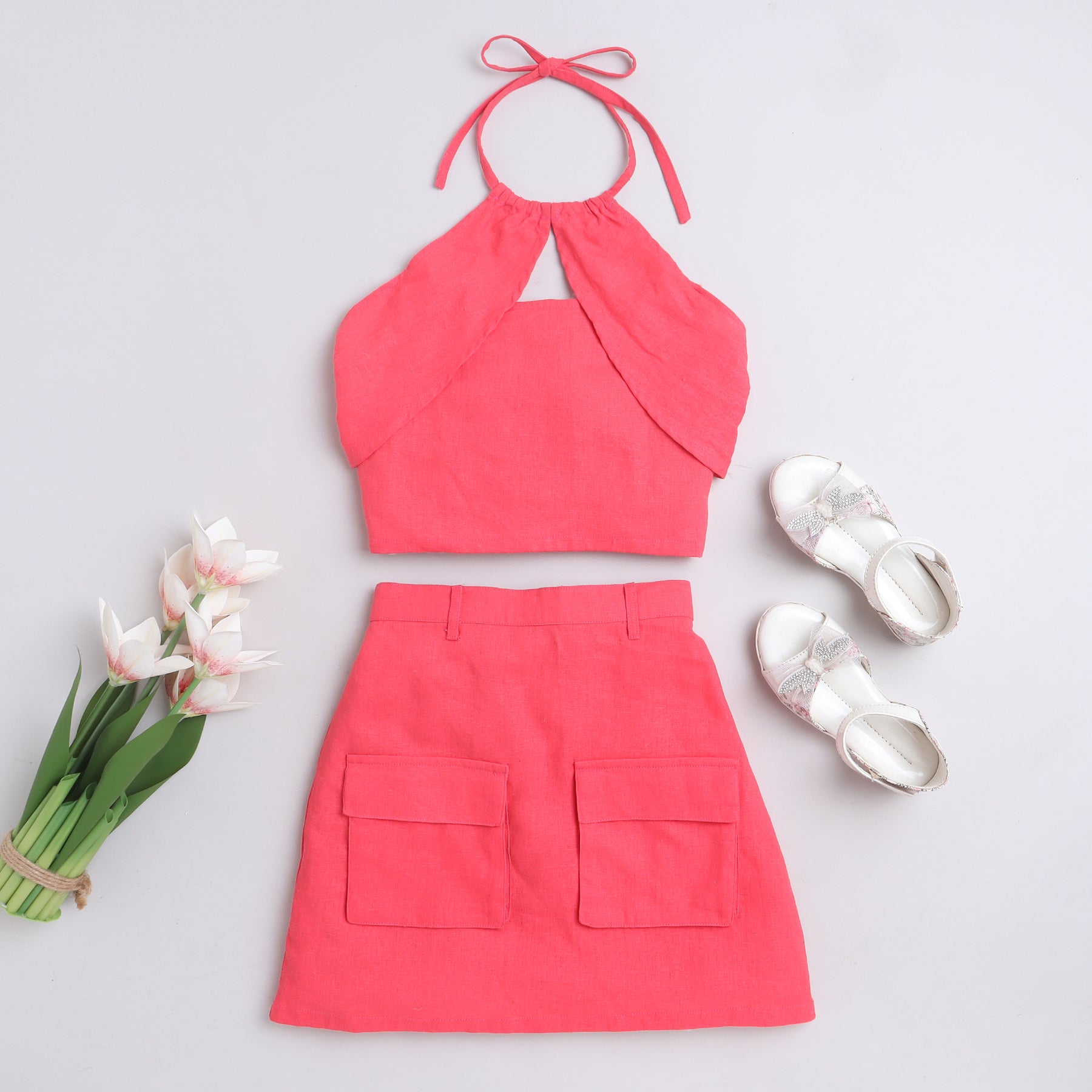 100% linen halter neck crop top with matching cargo skirt set-coral red