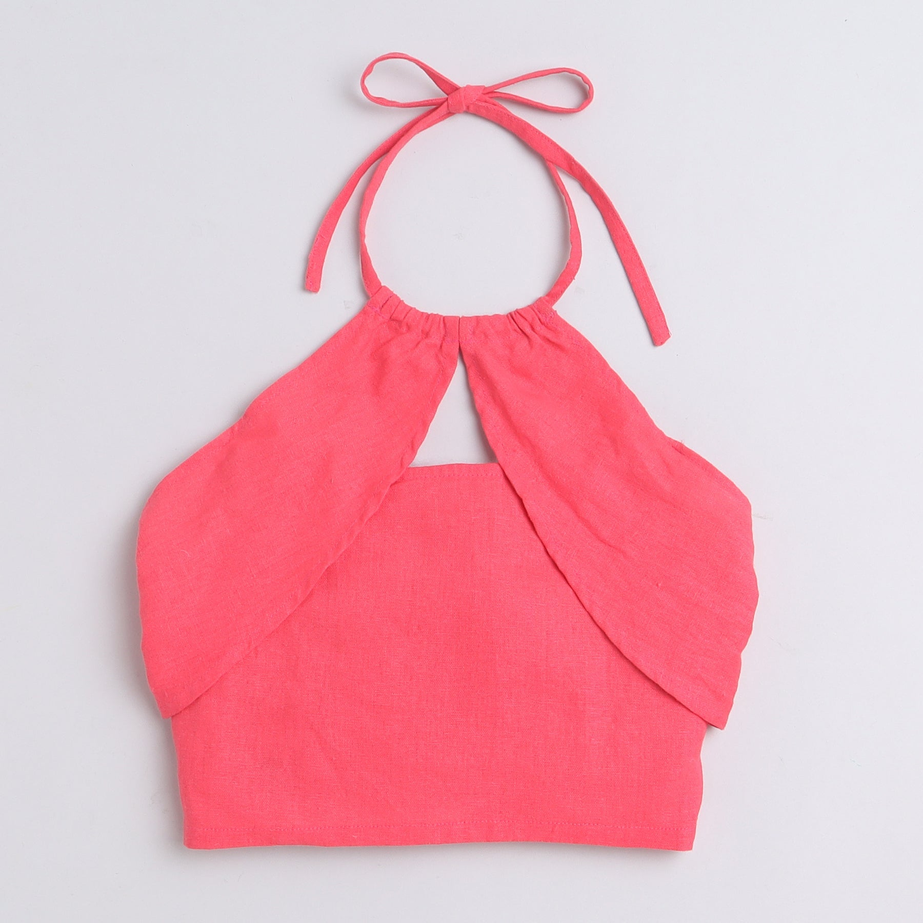 Shop 100% Linen Halter Neck Crop Top With Matching Cargo Skirt Set-Coral Red Online