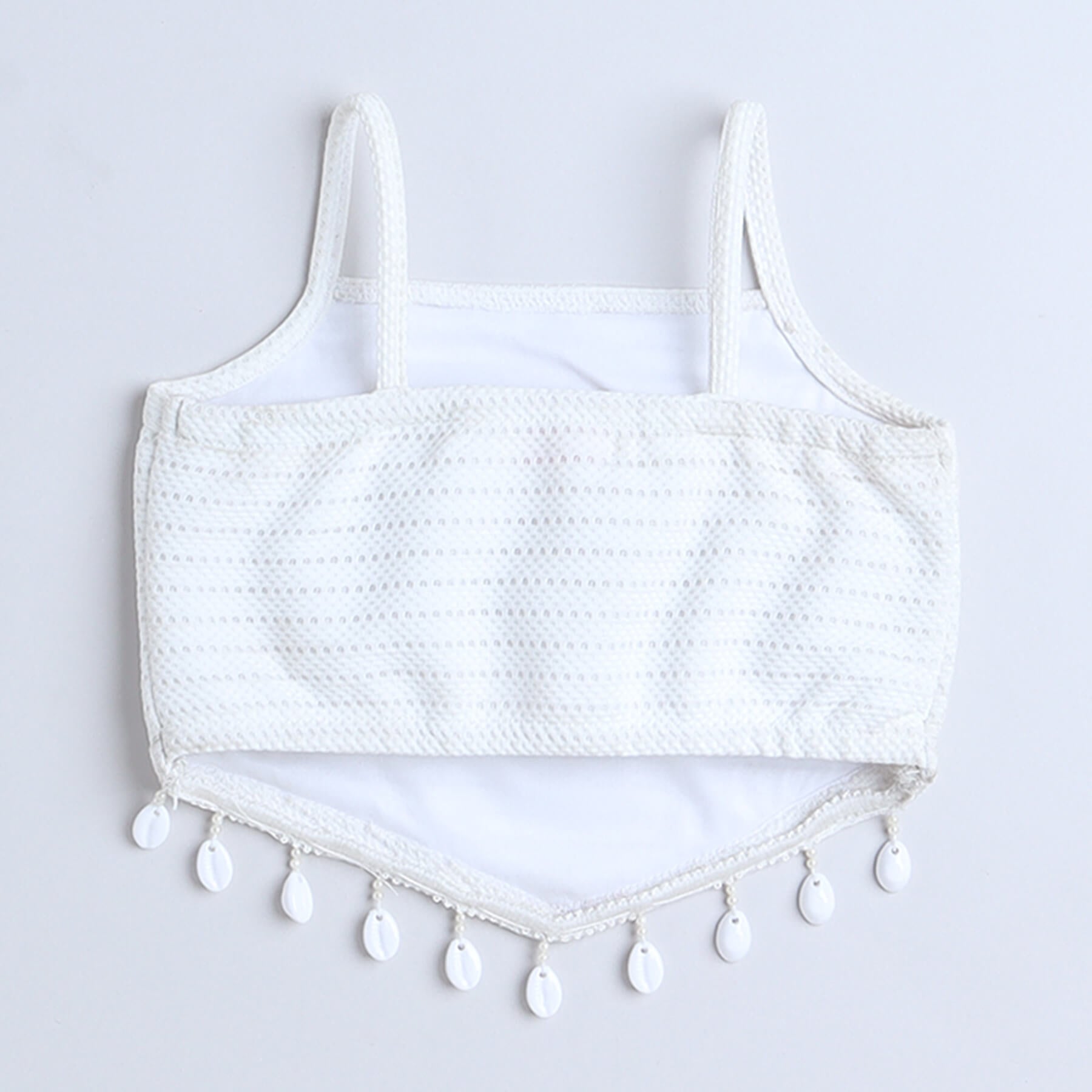 Taffykids textured lace shell detail singlet crop top and crochet bell bottom pant set-White/Aqua