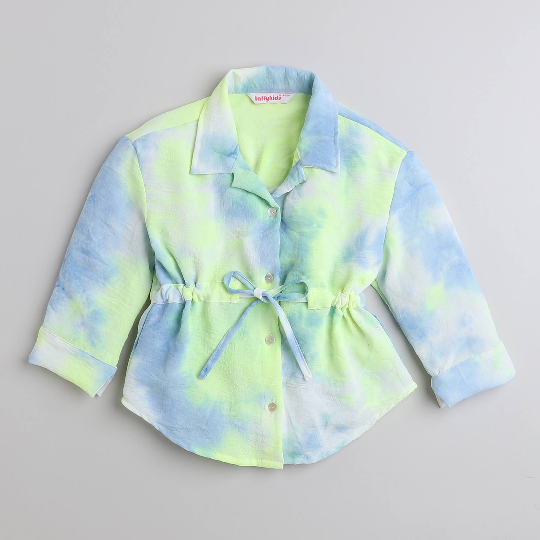 Taffykids tie dye full sleeves waist tie up shirt with matching pant co-ord set-Neon Yellow/blue