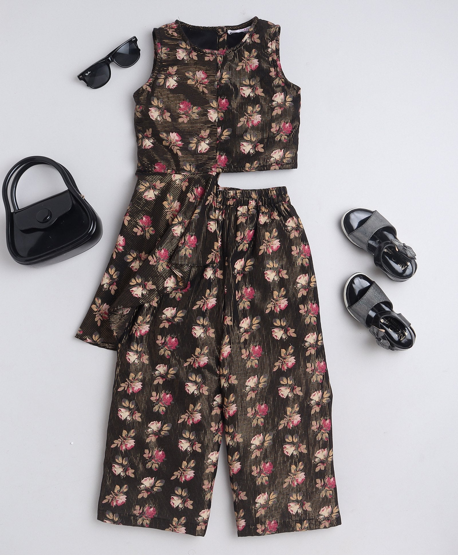 Floral Printed asymmetric top with matching palazo pant set - Black/Multi