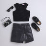 Shop Textured Sleeveless Crop Top And Animal Pattern Zipper Detail Leather Skort Set-Black Online