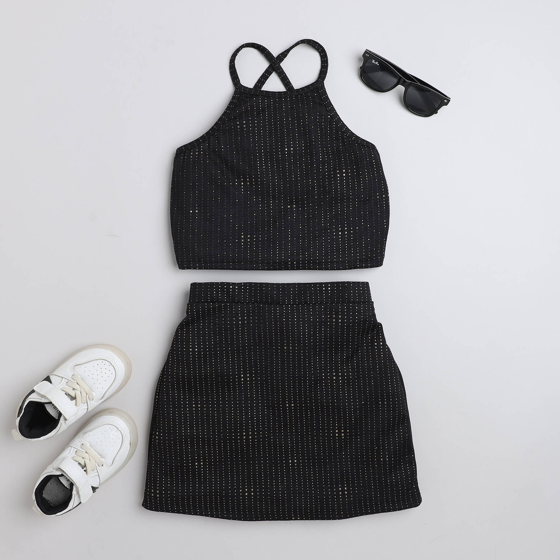 Shop Foil Printed Halter Neck Party Crop Top And Matching Skirt Co-Ord Set-Black/Gold Online