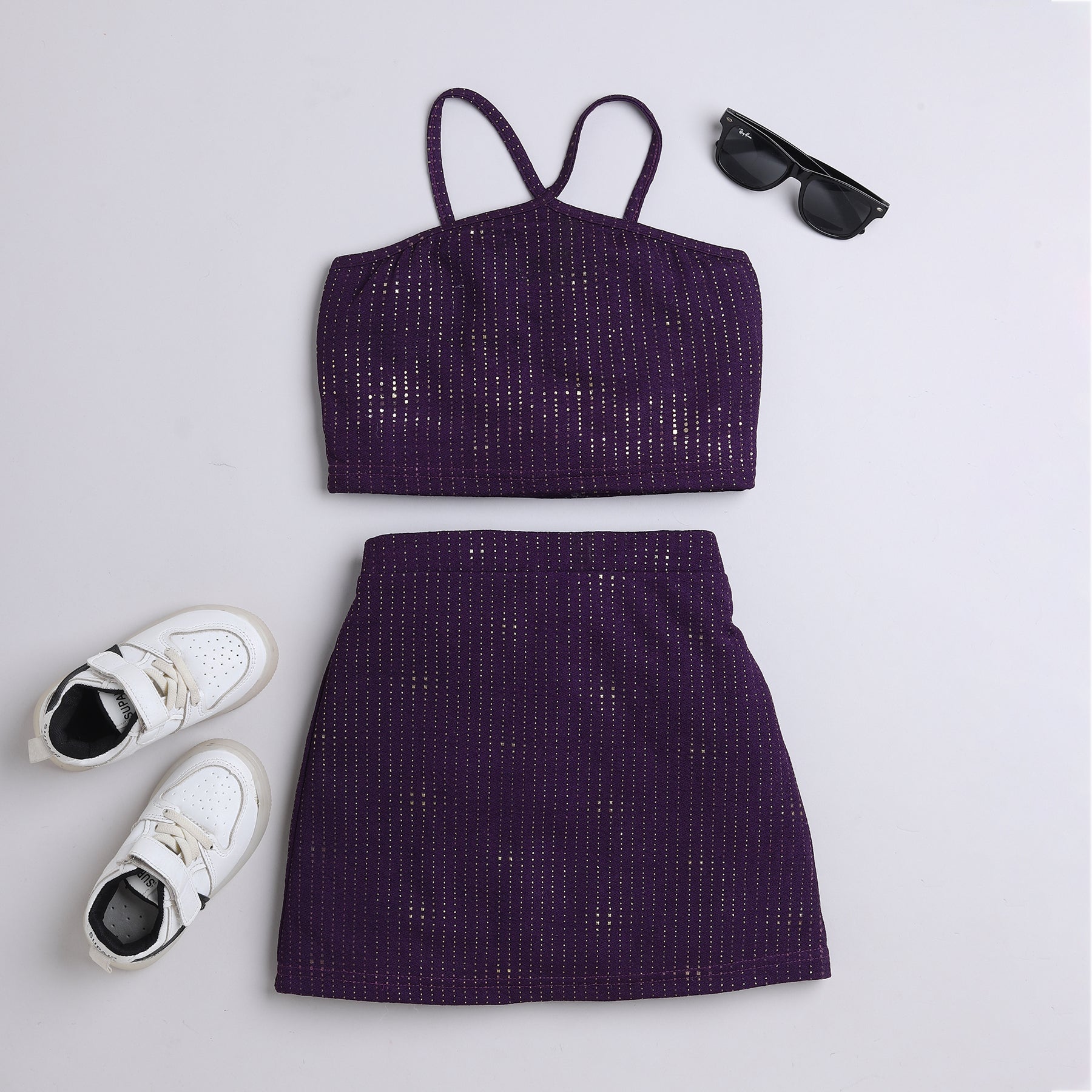 Taffykids foil printed halter neck party crop top and matching skirt co-ord set-Purple/Gold
