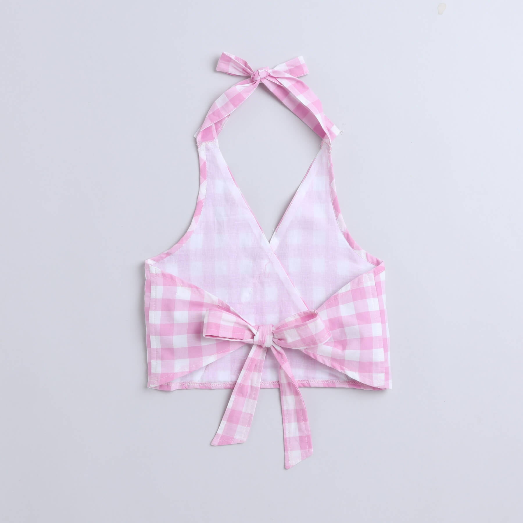Taffykids Checks yarn-dyed halter neck back tie up wrap top-Pink/White