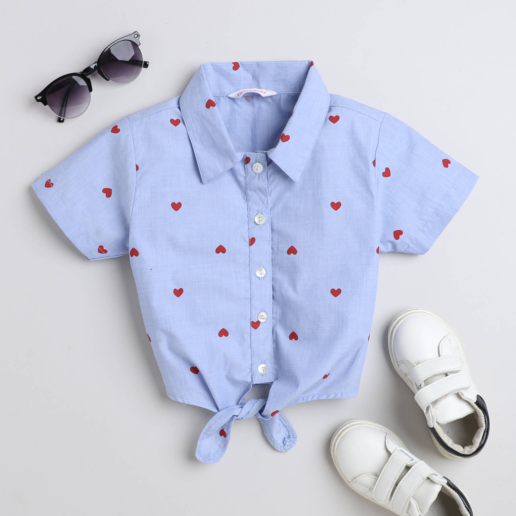 Shop 100% Cotton Heart Printed Half Sleeves Front Tie-Up Button Up Crop Shirt-Blue/Red Online