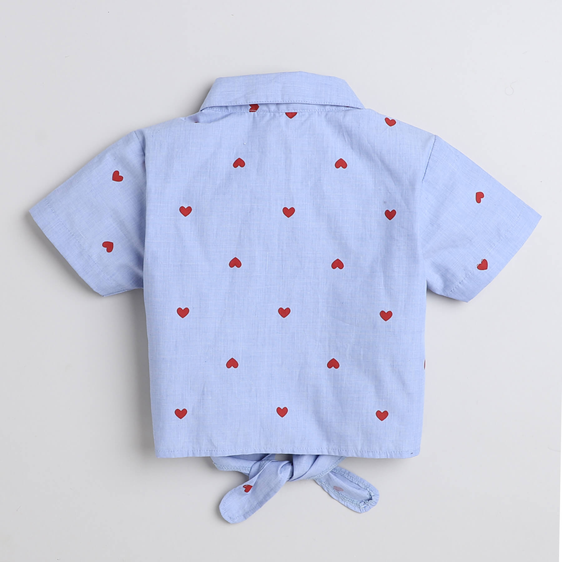 Taffykids 100% cotton Heart printed half sleeves front tie-up button up crop shirt-Blue/Red