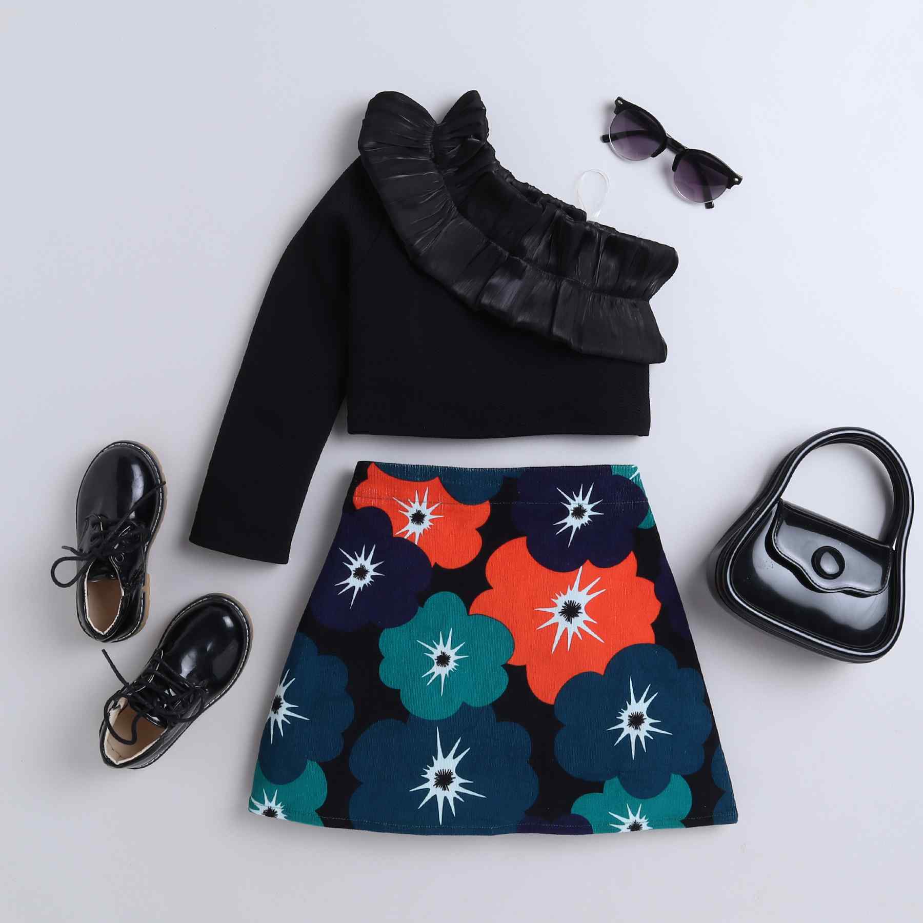 full sleeve one shoulder ruffle detail party crop top and corduroy floral printed skirt set-Black/Multi