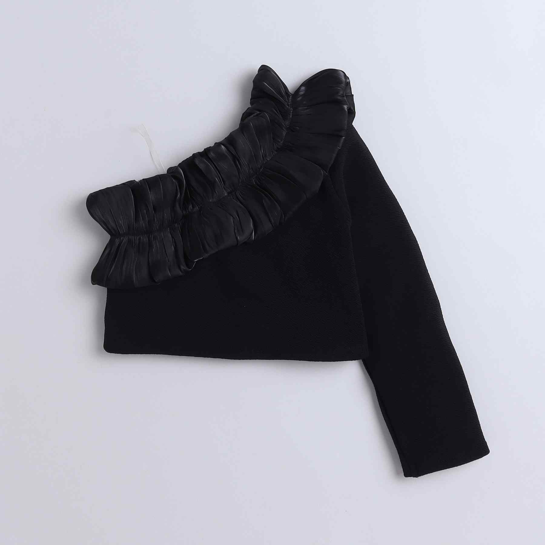 full sleeve one shoulder ruffle detail party crop top and corduroy floral printed skirt set-Black/Multi