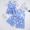 100% cotton Floral and border printed lace detail shoulder tie-up  ethnic peplum top with matching sharara pant set-Blue/White