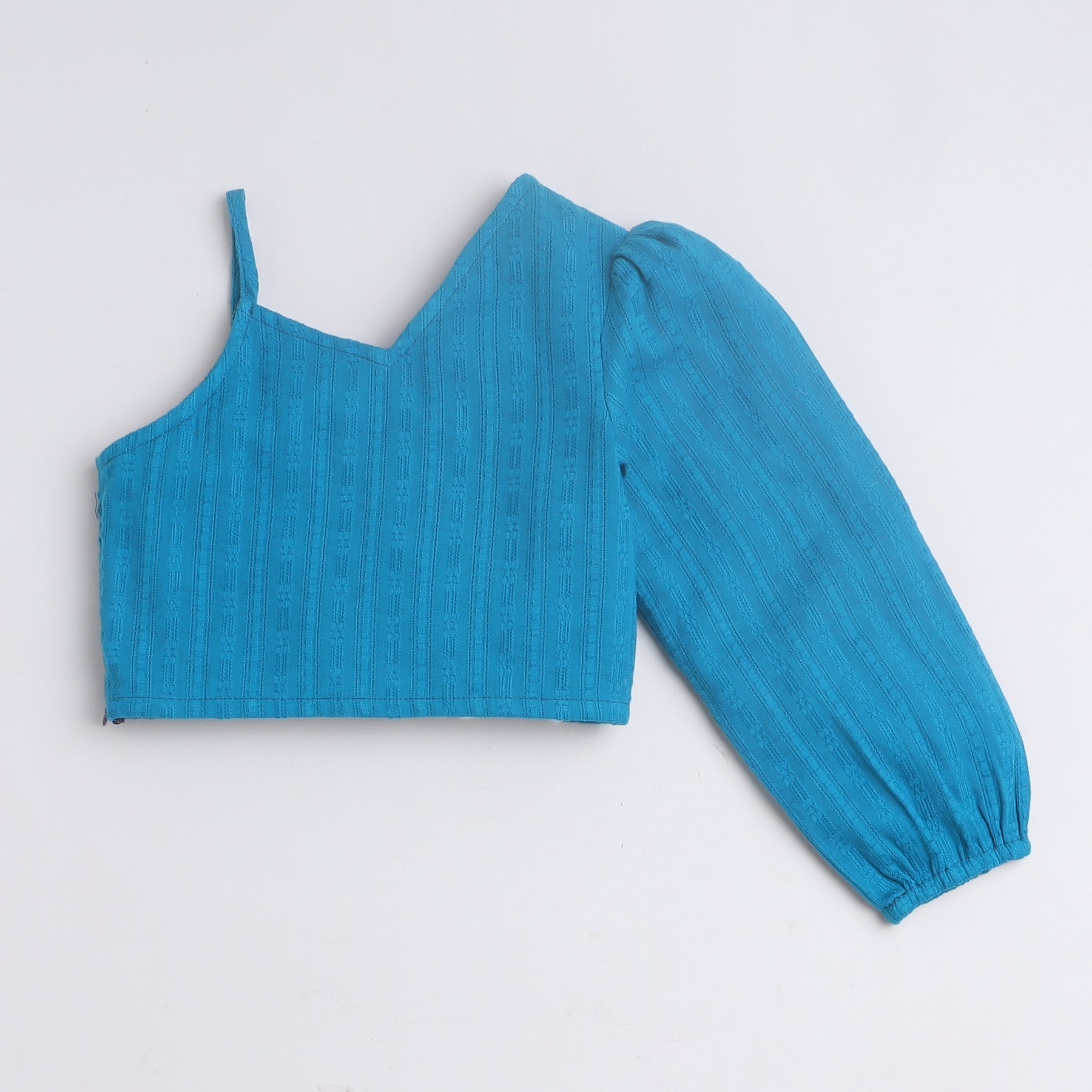 Shop Dobby Design Full Sleeves Asymmetric Neck Crop Top With Tie-Up Skort Set-Blue/Black Online