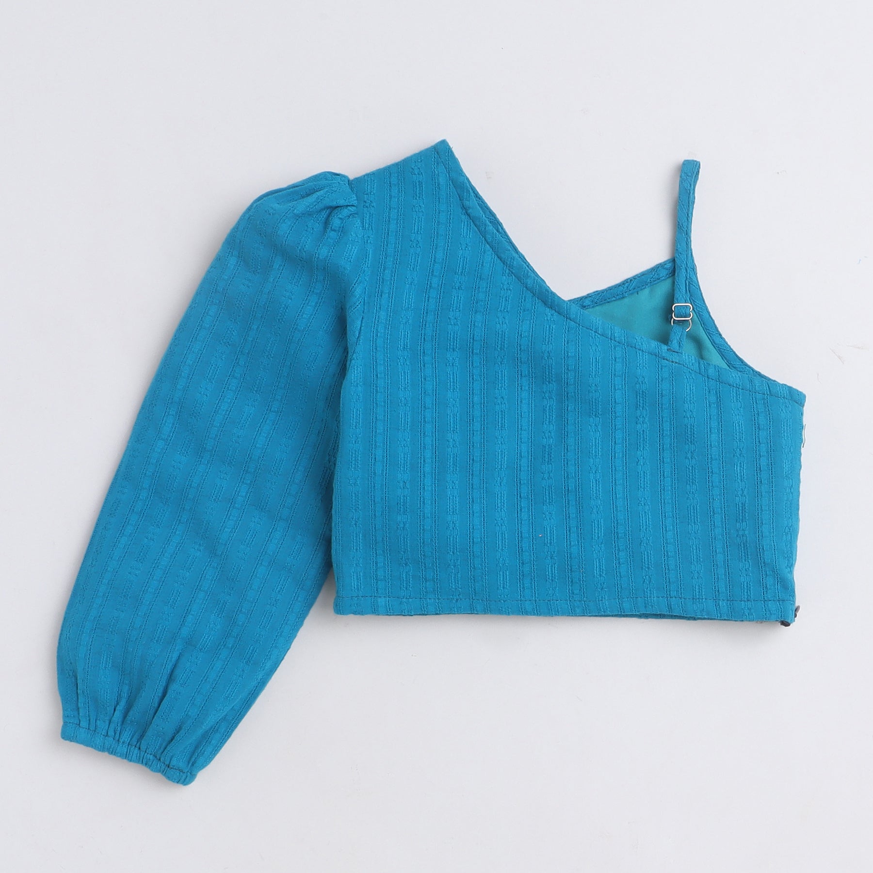 Shop Dobby Design Full Sleeves Asymmetric Neck Crop Top With Tie-Up Skort Set-Blue/Black Online