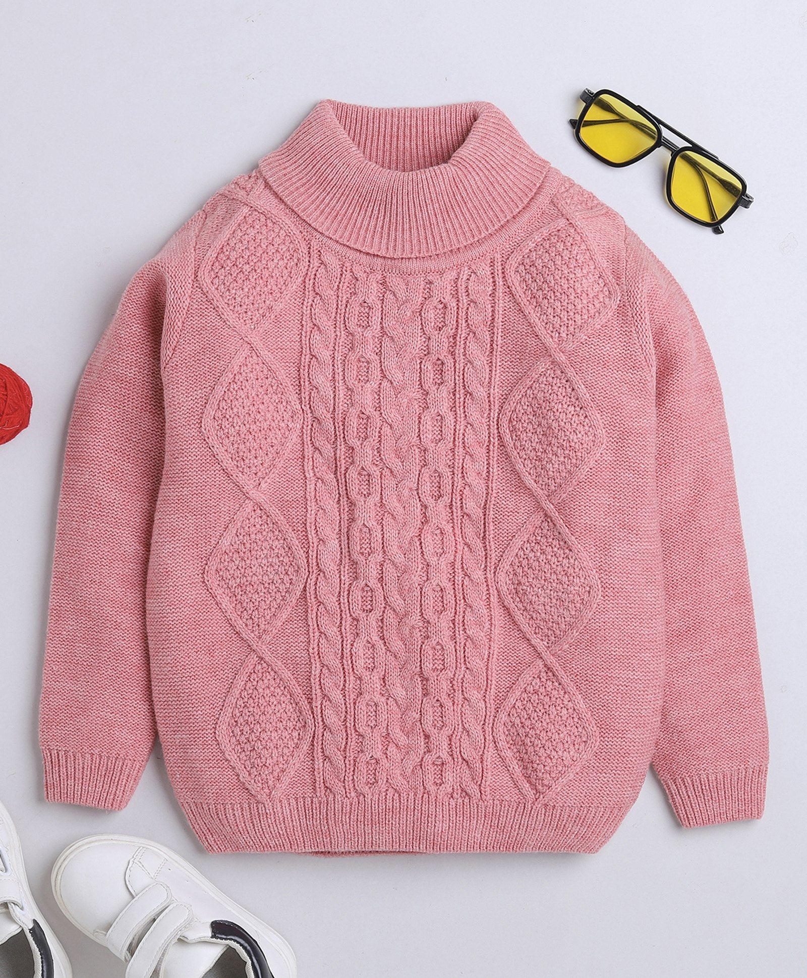 abstract knitted full sleeves turtle neck sweater-Pink