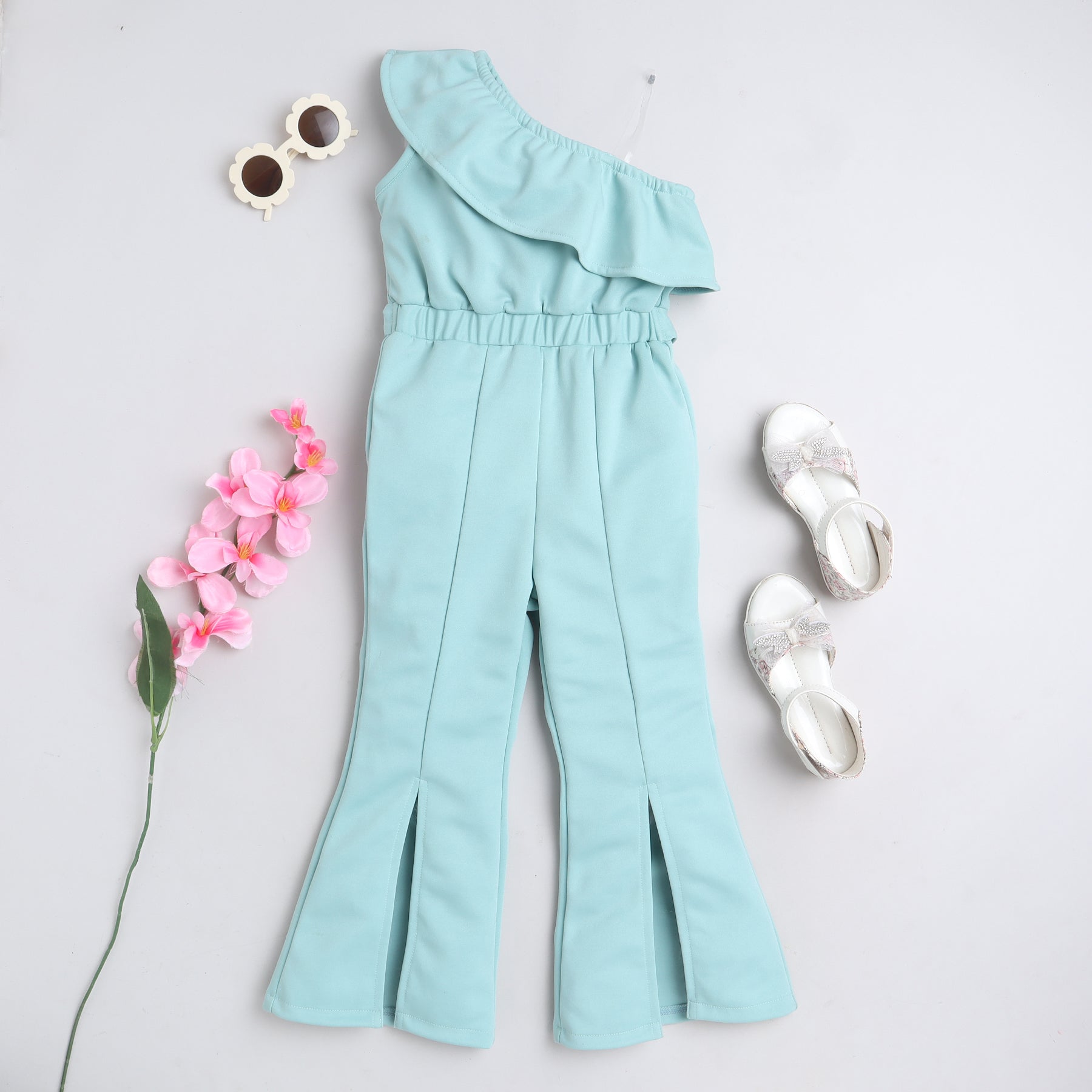 Shop Solid Sleeveless Slit And Tie-Up Detail Ruffled One Shoulder Jumpsuit-Mint Green Online