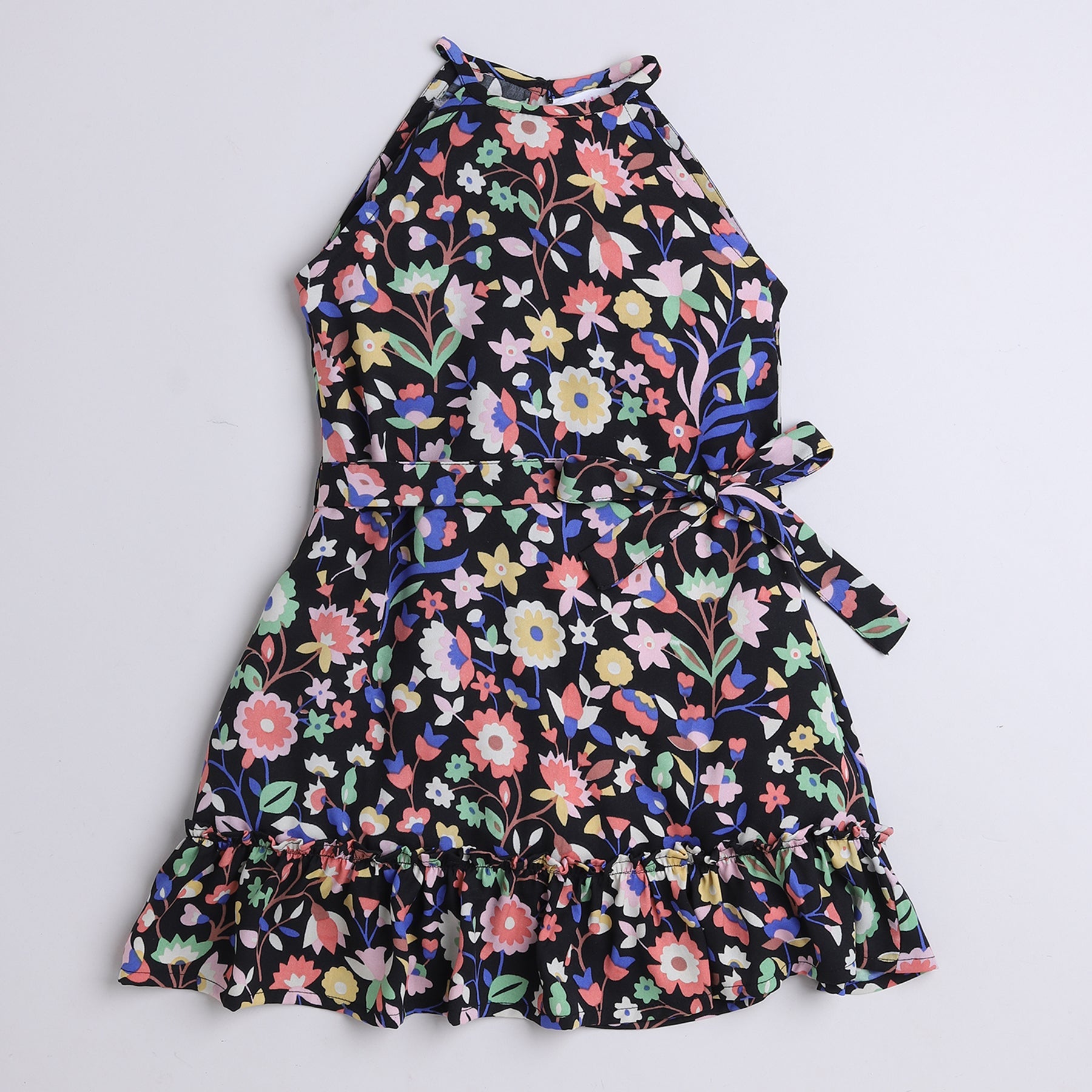 Shop Floral Printed Halter Neck Aline Dress With Tie Up Belt-Black/Multi Online