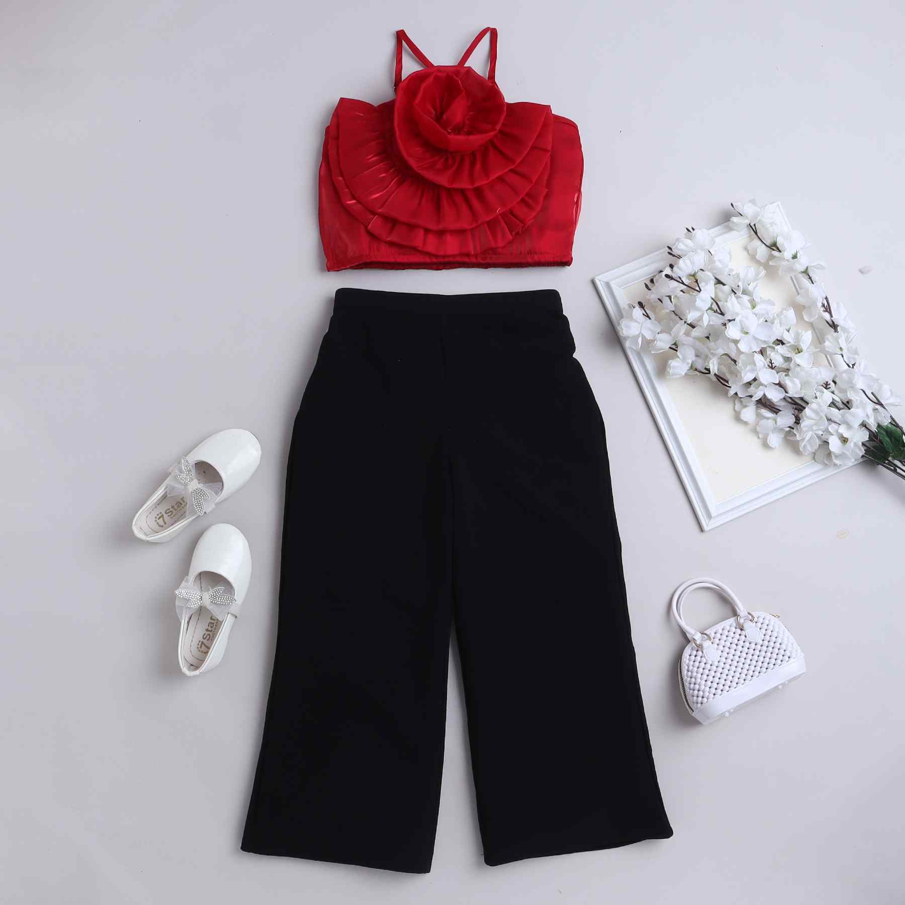 rose detail Halter neck party crop top with pant set-Red/Black