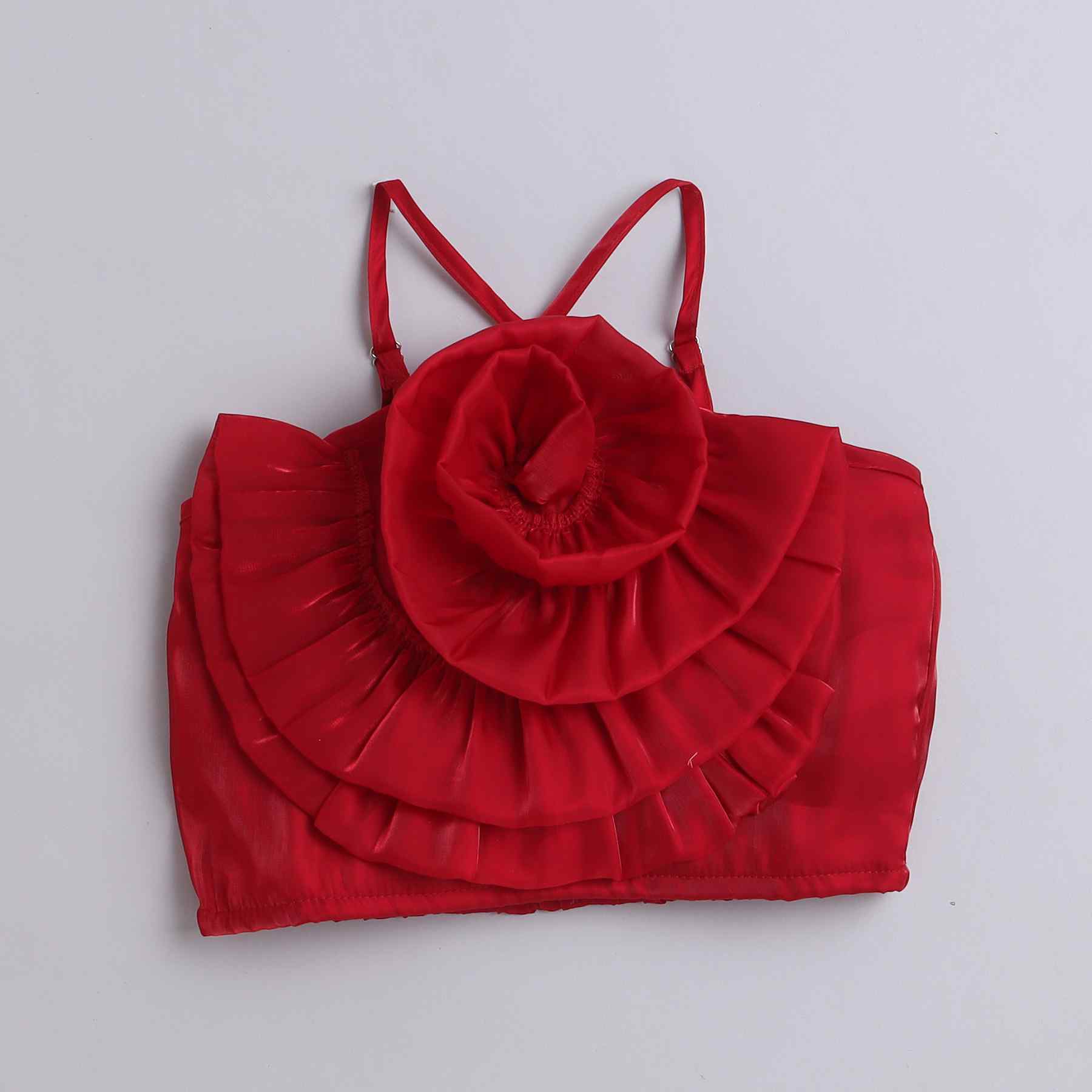 rose detail Halter neck party crop top with pant set-Red/Black