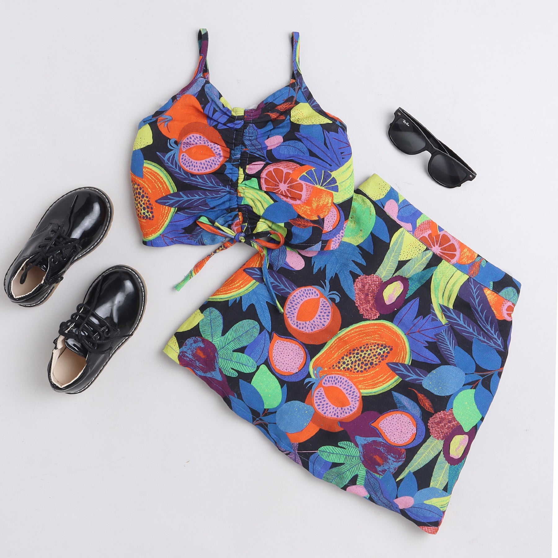 Shop Linen Fruits Printed Front Ruched Singlet Crop Top With Matching Skirt Set-Multi Online