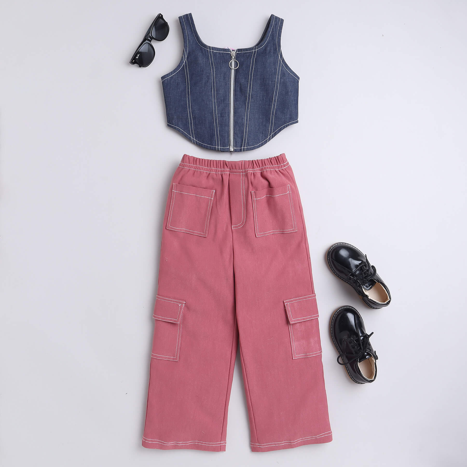 stitch detail sleeveless zip up denim crop top and cargo pant set-Blue/Rust