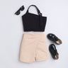 sleeveless buckle detail halter crop top and checks texture skort set-Black/Beige