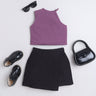 Sleeveless asymmetric crop top and stripes texture skirt set-Purple/Black