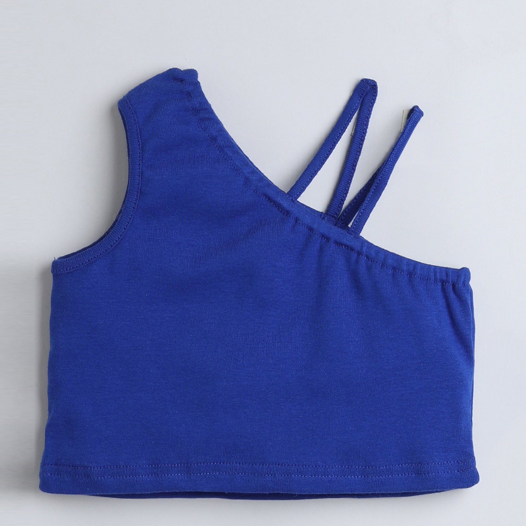 one shoulder double strap detail Rib crop top-Blue