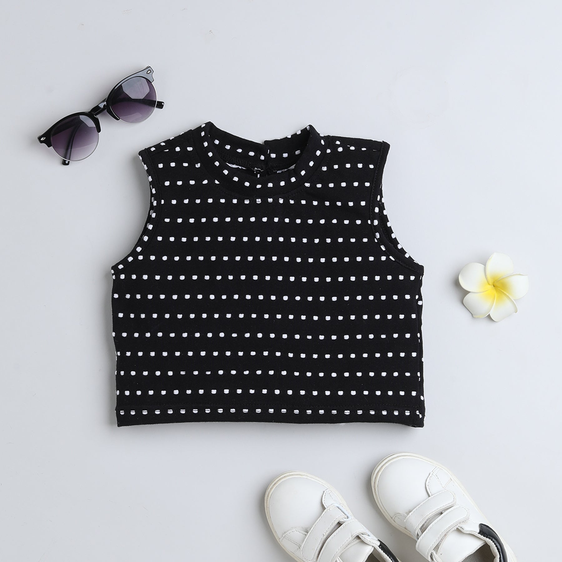 Shop 100% Cotton Dobby Design Sleeveless Crop Top-Black/White Online
