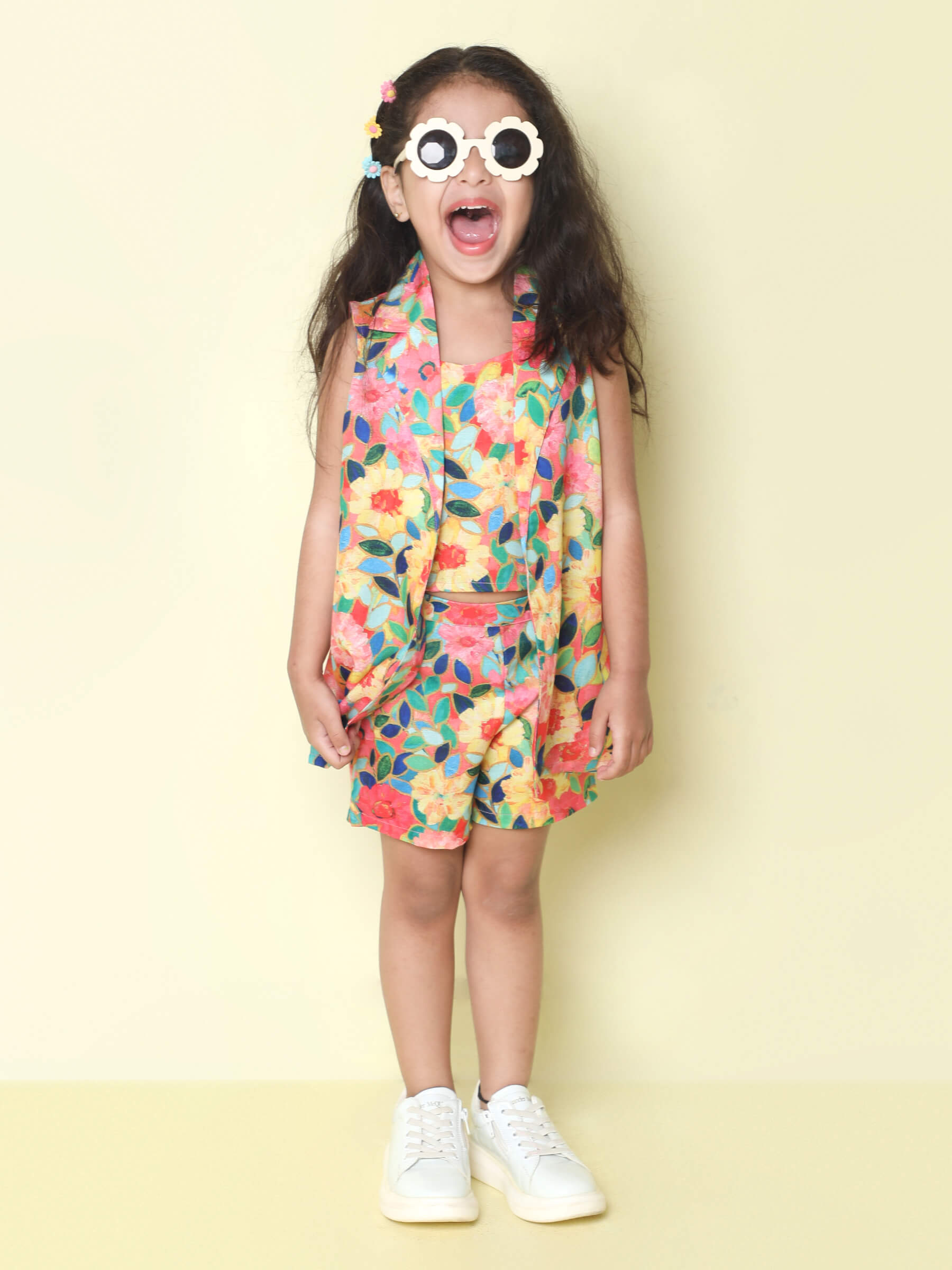 Taffykids Floral printed singlet crop top and shorts set with sleeveless over jacket-multi