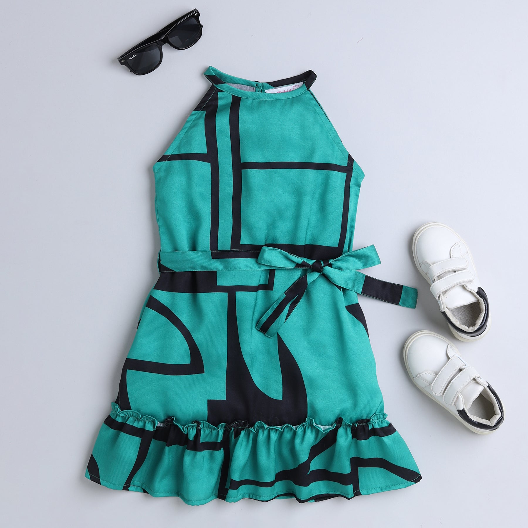 Shop Abstract Printed Halter Neck Aline Dress With Tie-Up Belt-Green/Black Online