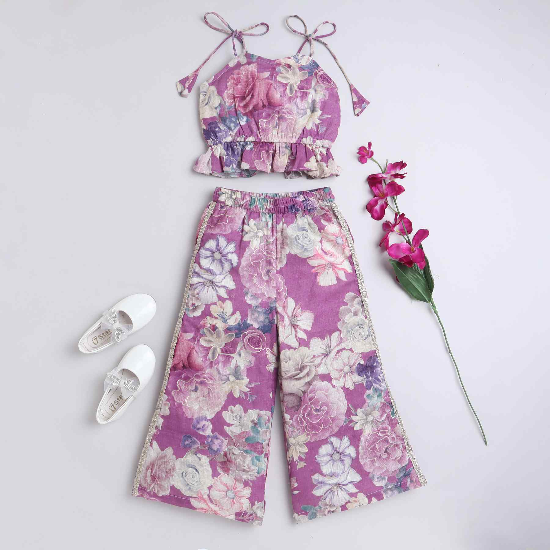 Taffy floral printed shoulder tie up ethnic peplum crop top with matching lace detail palazo pant set-Purple/Multi