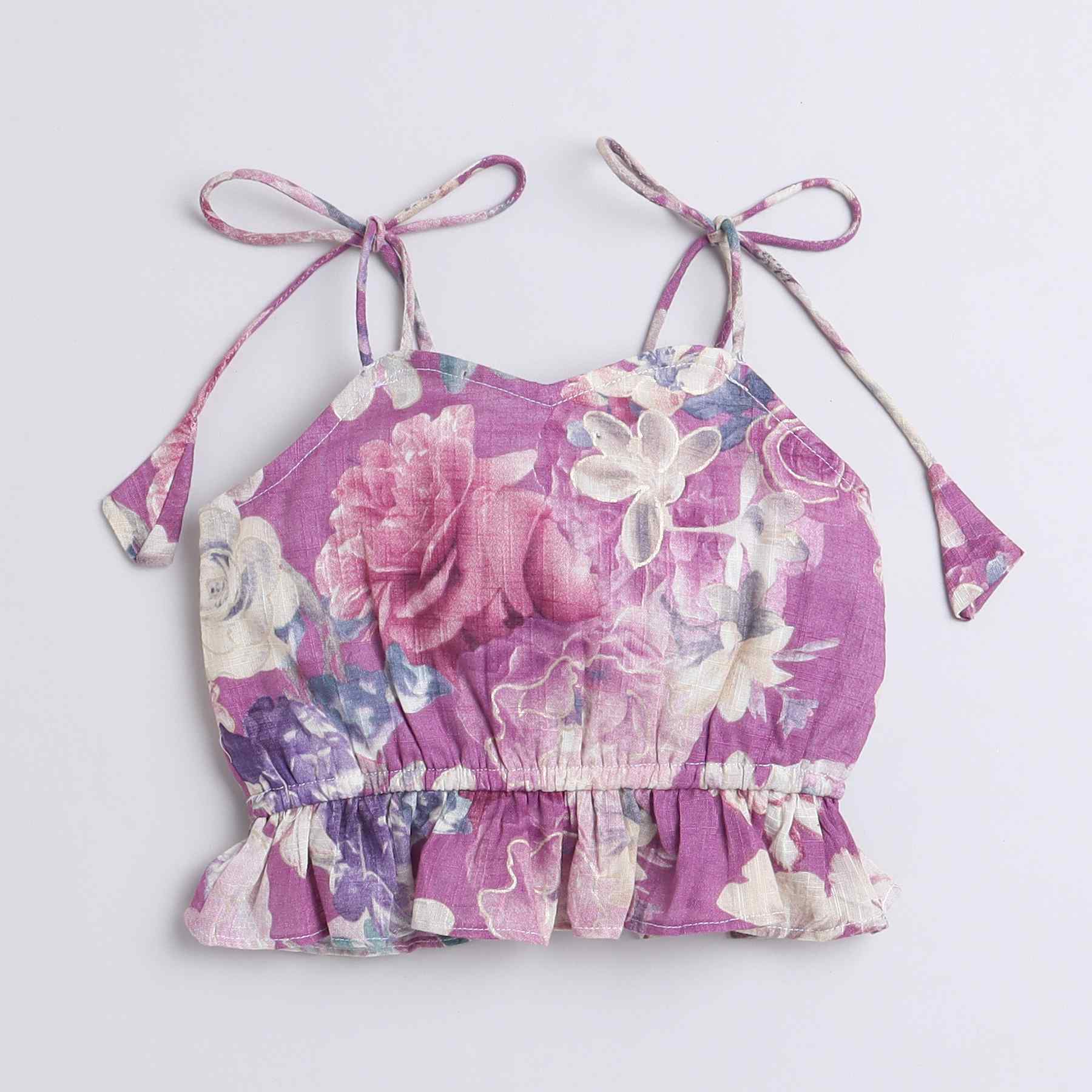 Taffy floral printed shoulder tie up ethnic peplum crop top with matching lace detail palazo pant set-Purple/Multi