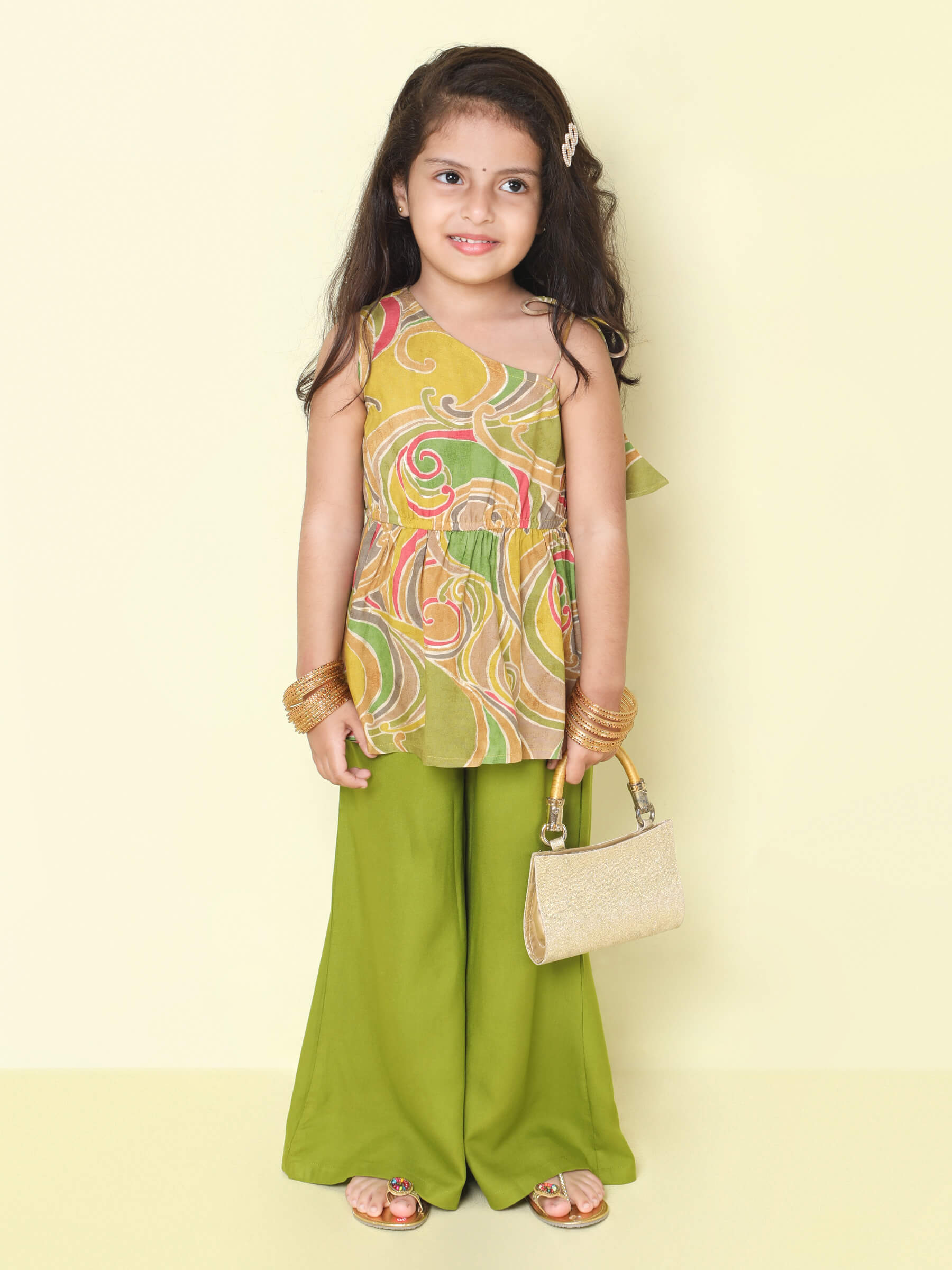 Taffykids foil and Abstract printed one shoulder ethnic peplum kurta and solid palazo pant set-multi/Green