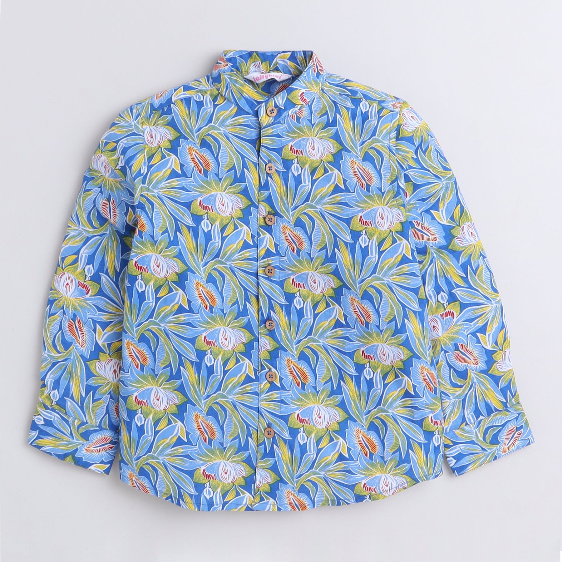Tropical printed full sleeves mandarin collar Short kurta-Blue/Multi