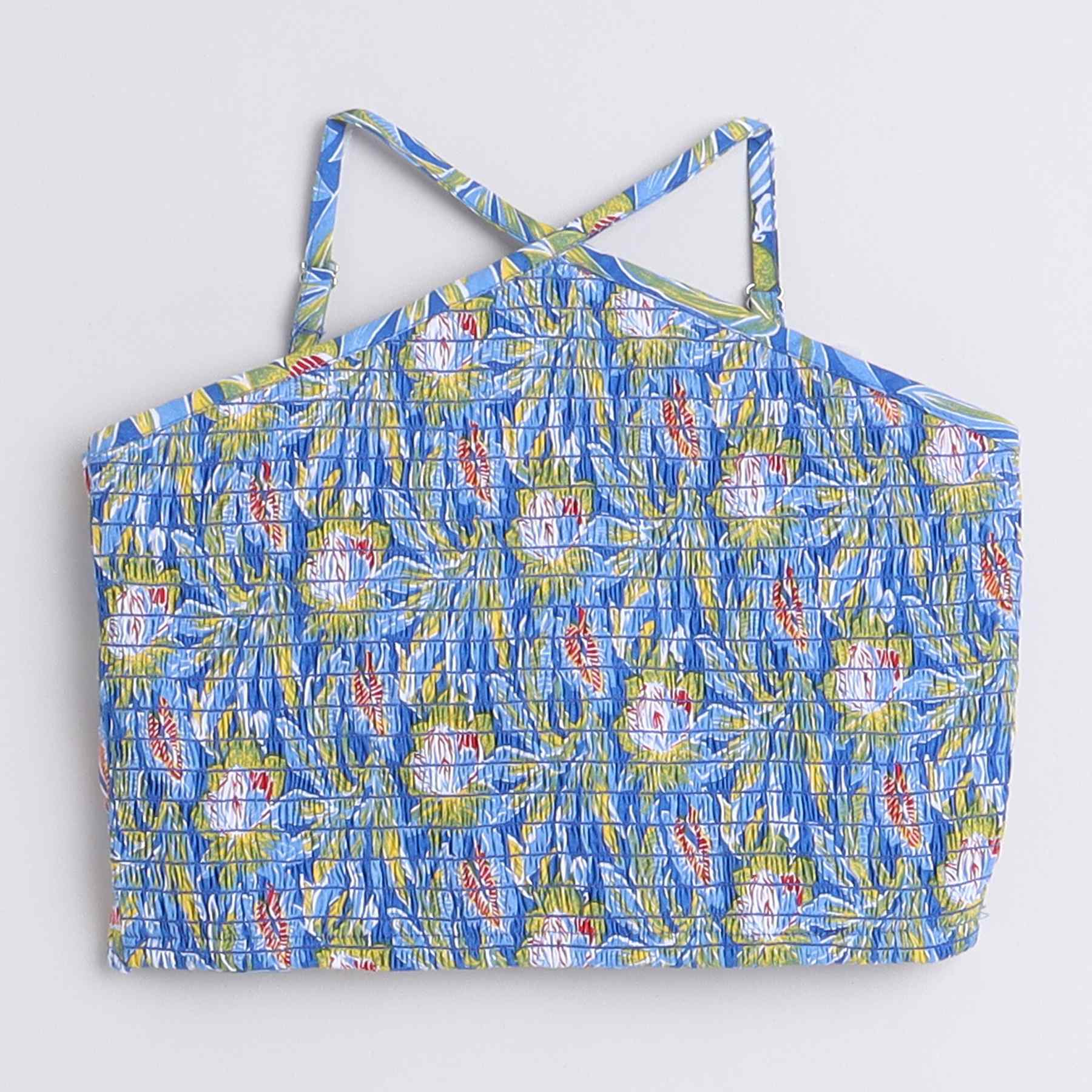 Tropical printed Halter neck front smoked back tie-up crop top with matching tie-up detail skirt set-Blue/Multi