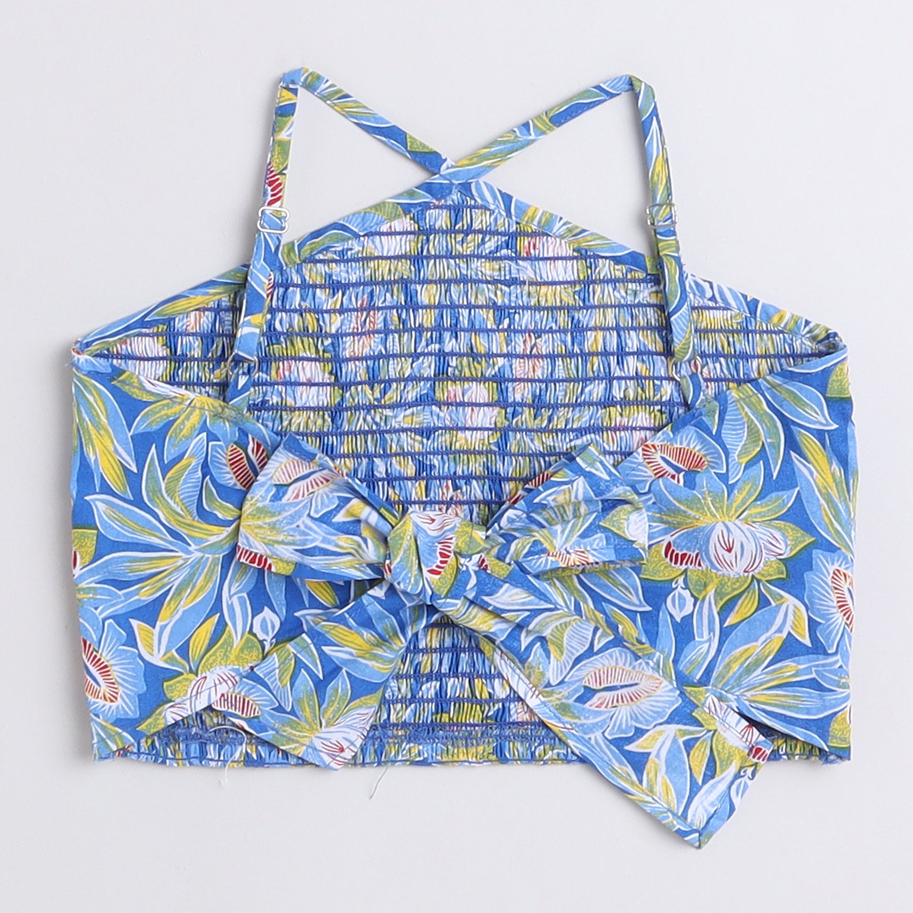 Tropical printed Halter neck front smoked back tie-up crop top with matching tie-up detail skirt set-Blue/Multi