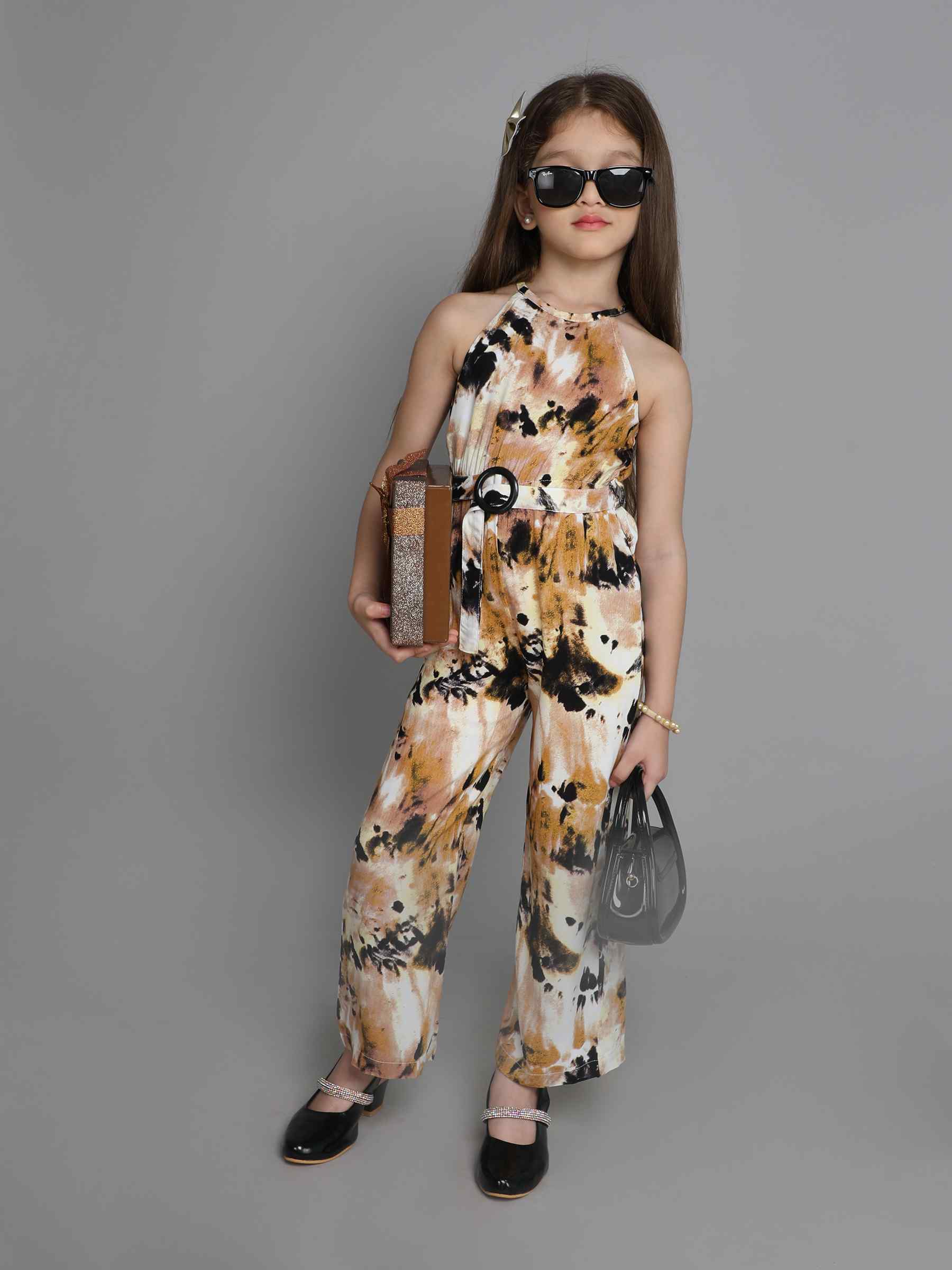 Abstract printed halter neck waist tie-up jumpsuit-Multi