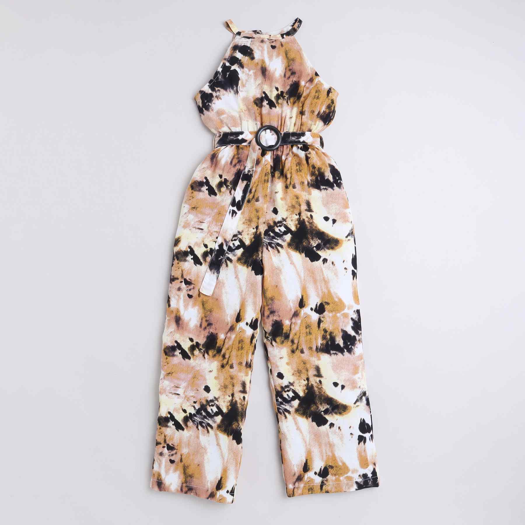 Abstract printed halter neck waist tie-up jumpsuit-Multi