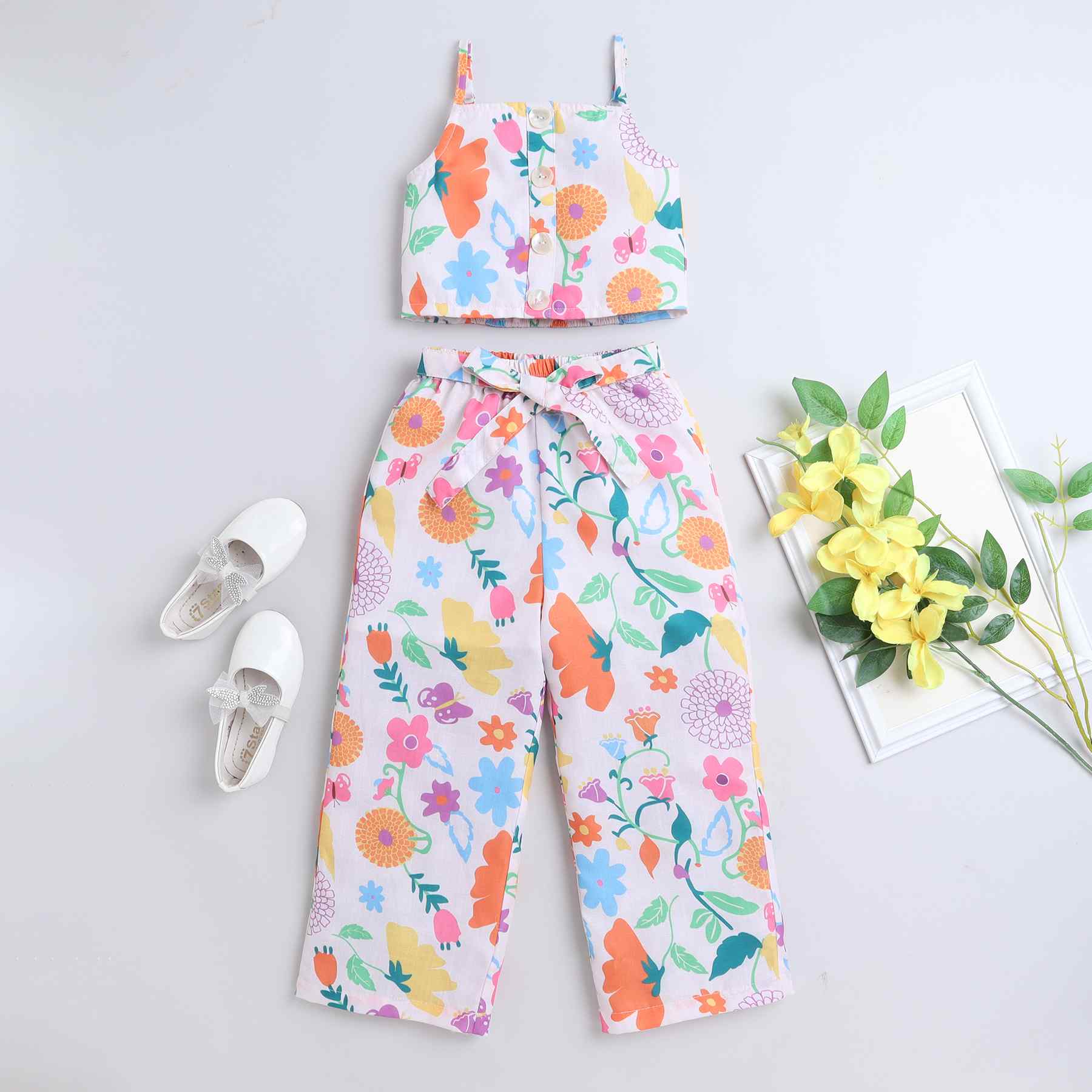 Multi floral printed Button detail singlet crop top with matching tie-up belt detail pant set-Multi