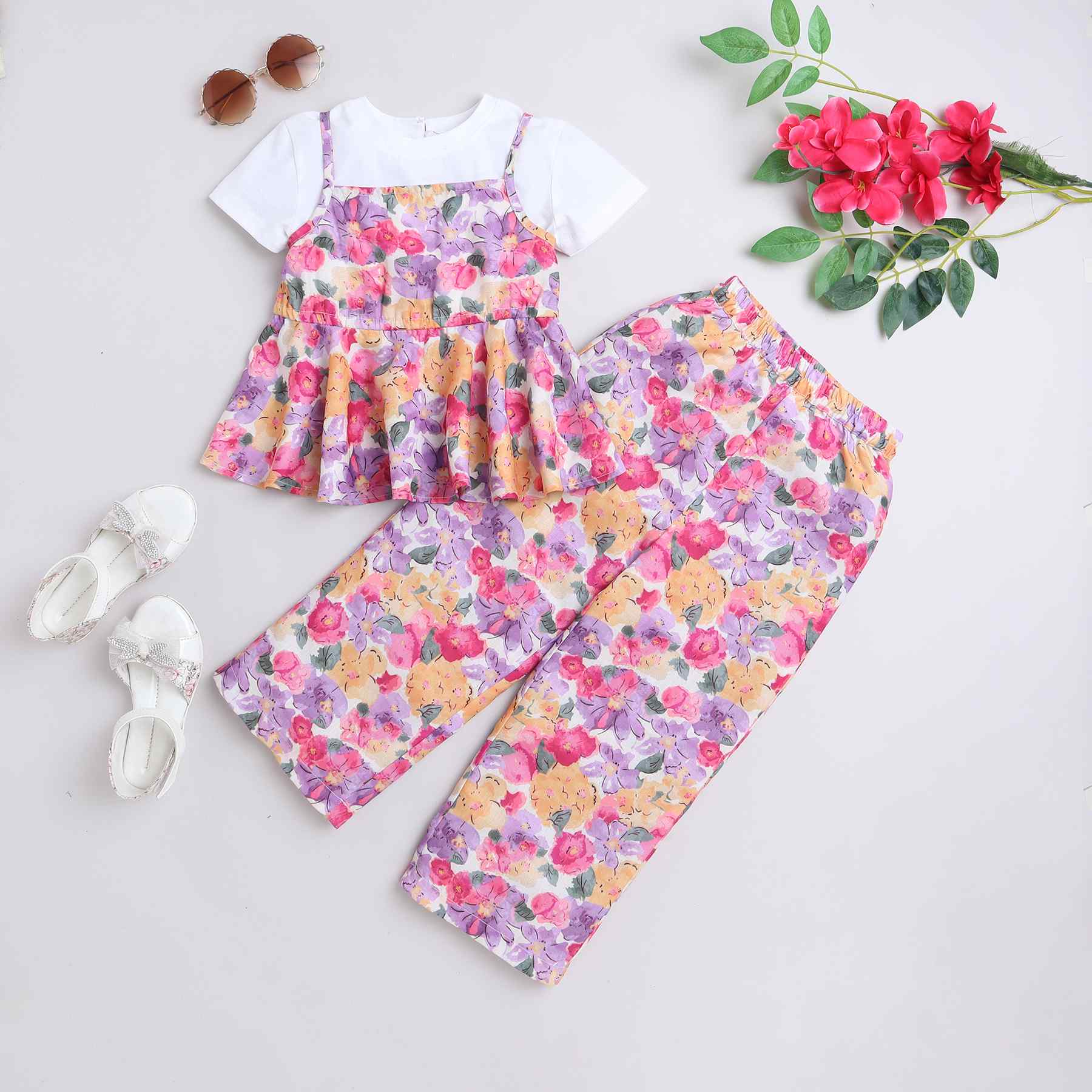 floral printed singlet peplum top with matching pant and solid half sleeves crop t-shirt set-White/Multi