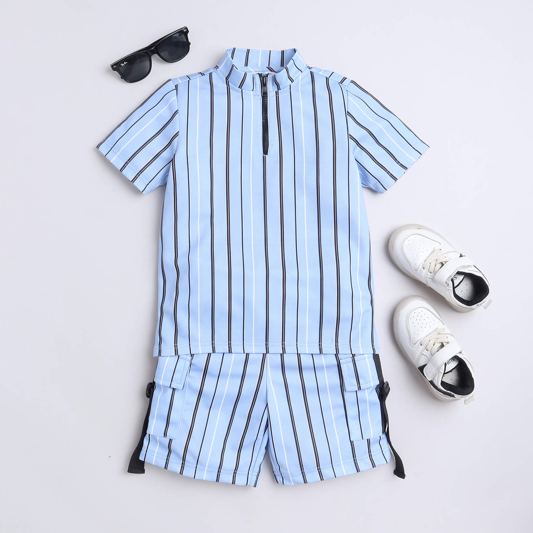 stripes printed half sleeves Zip up tee with matching tape detail cargo shorts set-Blue/Multi