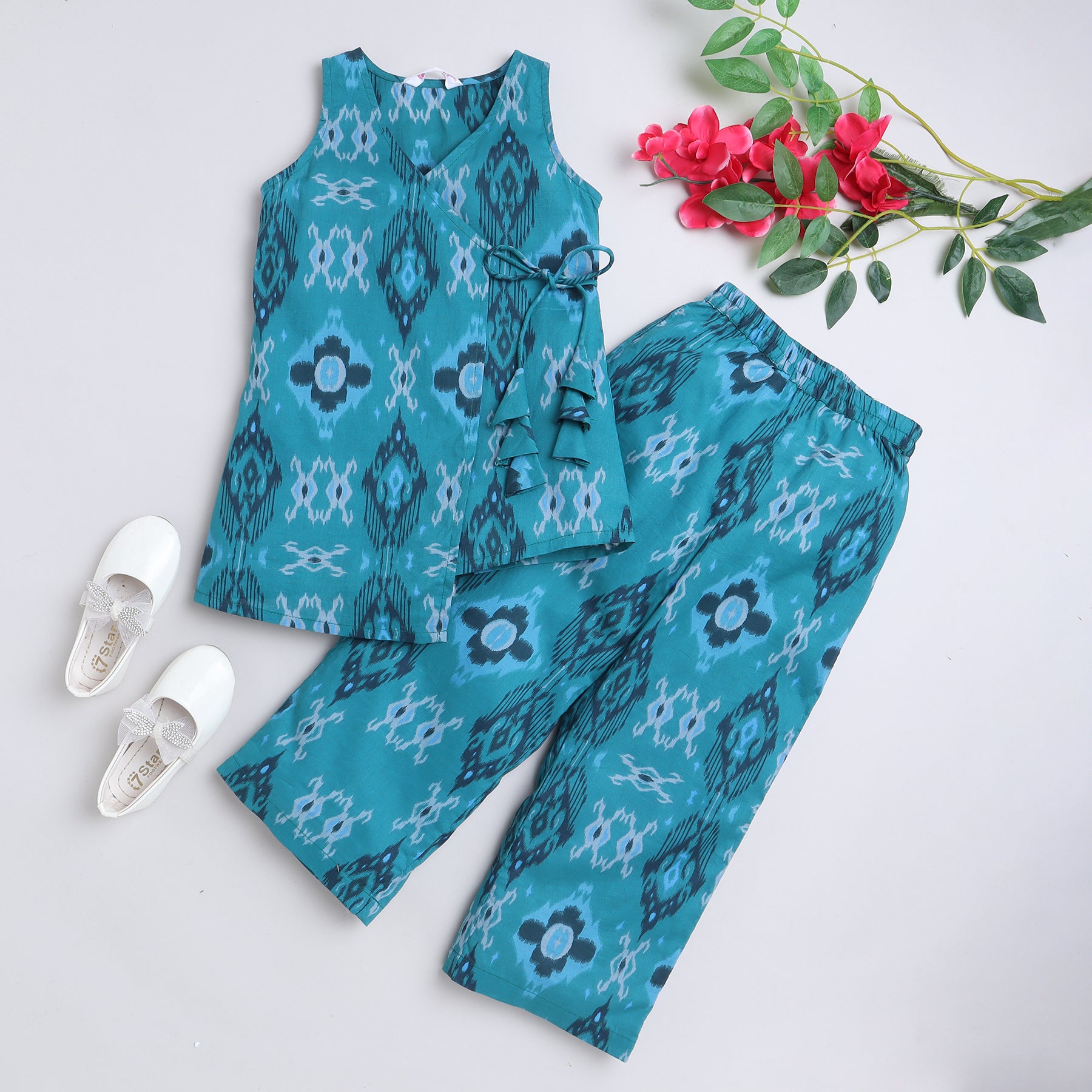 ikkat printed Sleeves Asymmetric hem ethnic wrap top with matching pant set-Teal blue