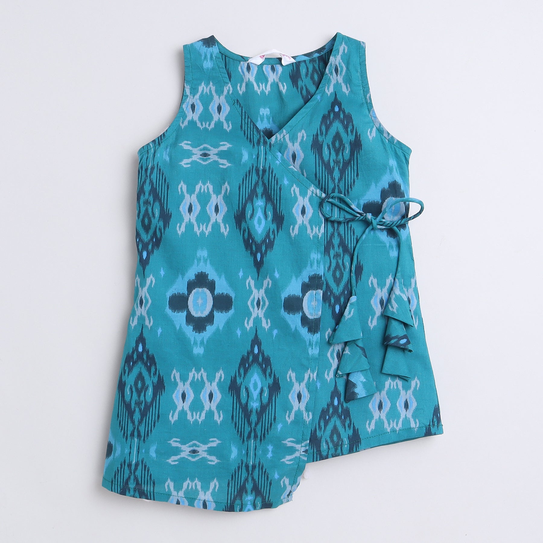 ikkat printed Sleeves Asymmetric hem ethnic wrap top with matching pant set-Teal blue