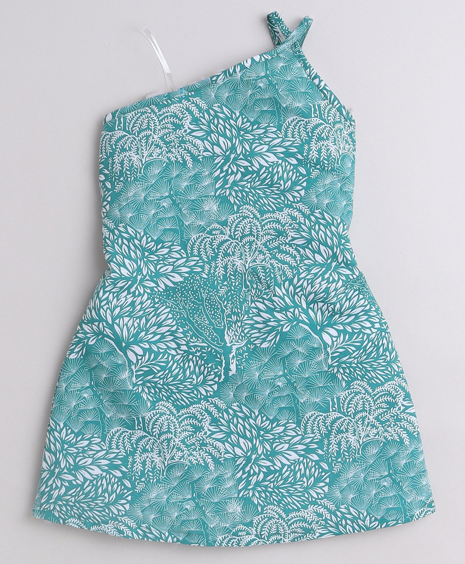 100% cotton Tropical printed sleeveless one shoulder dress-Green/White